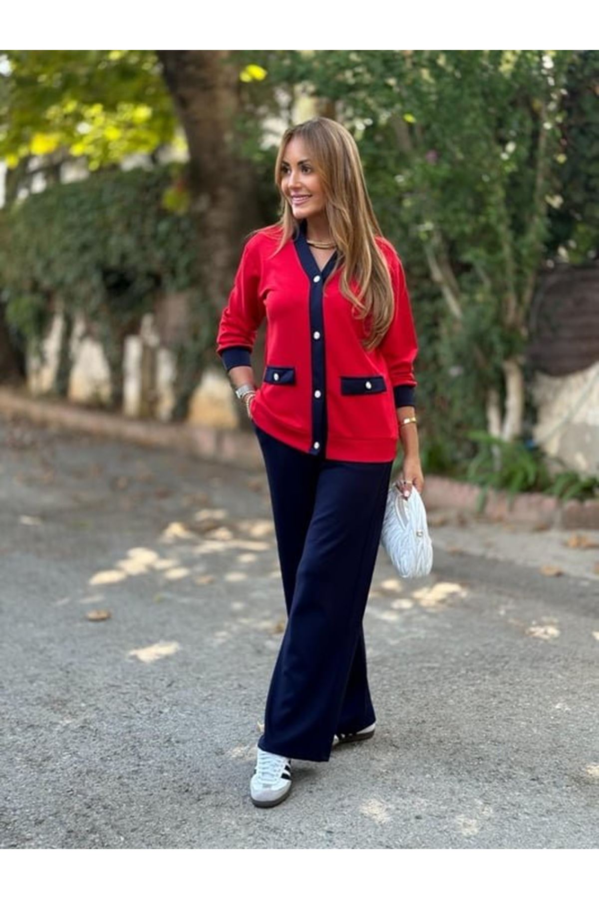 Kadın Uzun Kollu Ribanali Cep Detay Hırka Ve Bol Paça Pantolon Ikili Takım