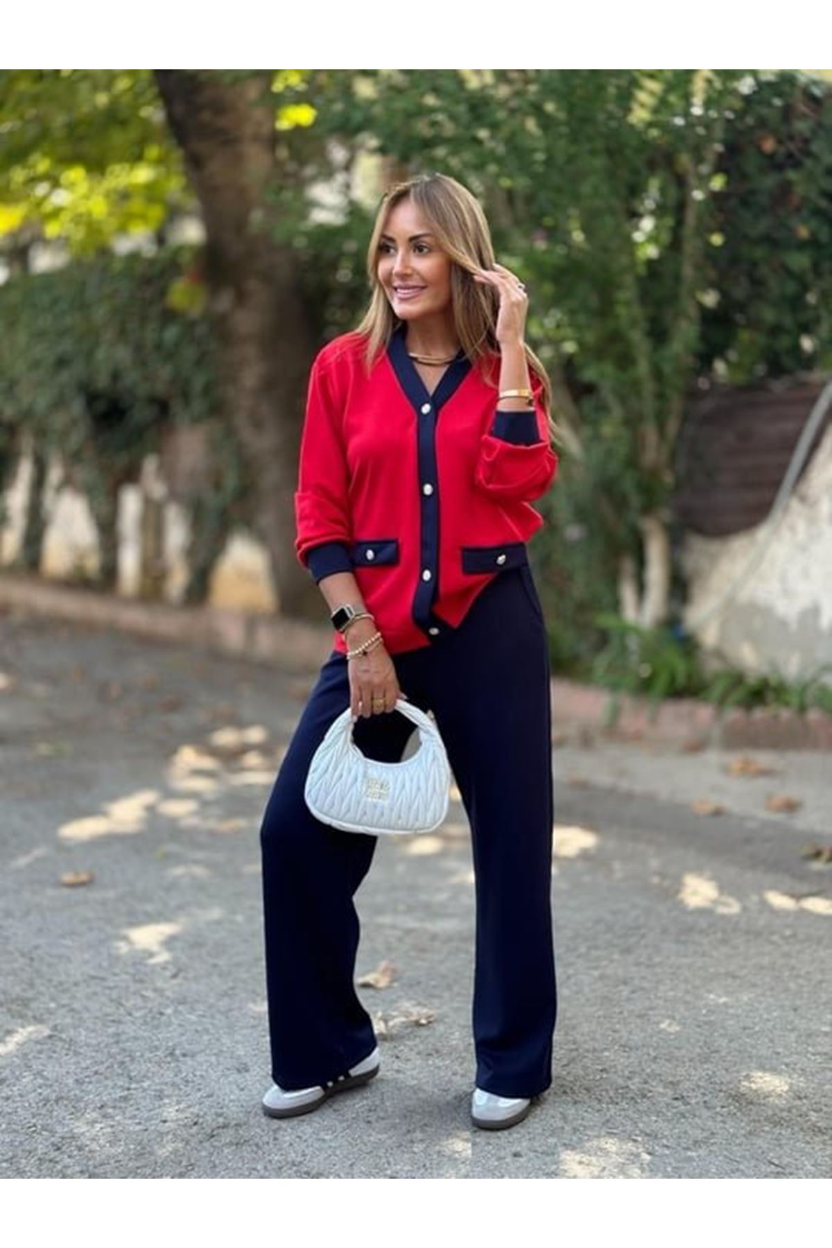 Kadın Uzun Kollu Ribanali Cep Detay Hırka Ve Bol Paça Pantolon Ikili Takım