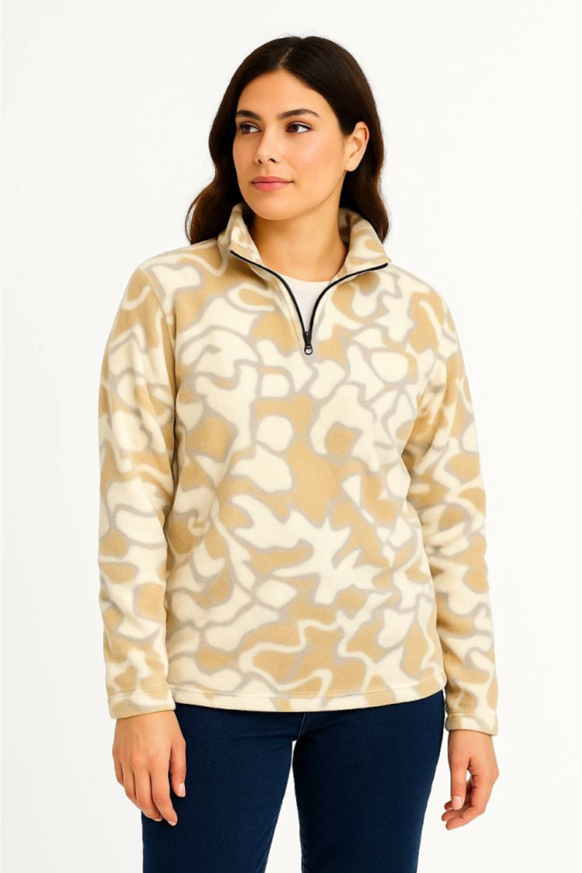 KADIN Yarım Fermuarlı Desenli Polar Sweat Yakalı, Uzun Kollu, Oversize Rahat Kalıp - Bej