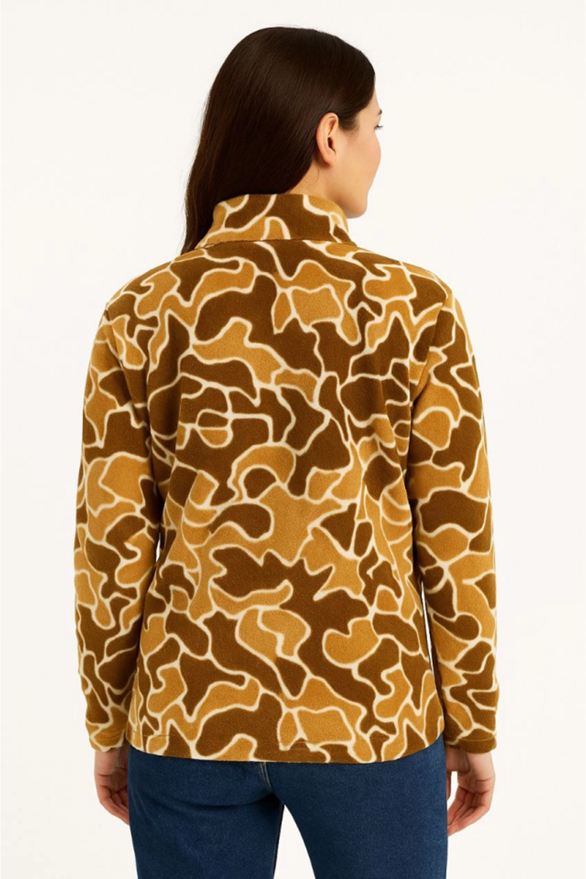 KADIN Yarım Fermuarlı Desenli Polar Sweat Yakalı, Uzun Kollu, Oversize Rahat Kalıp - Kahverengi