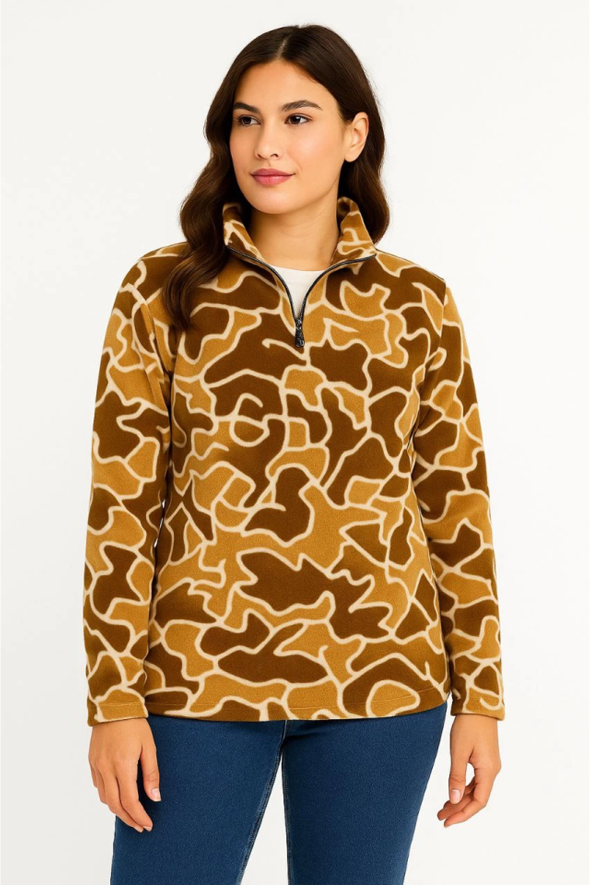 KADIN Yarım Fermuarlı Desenli Polar Sweat Yakalı, Uzun Kollu, Oversize Rahat Kalıp - Kahverengi