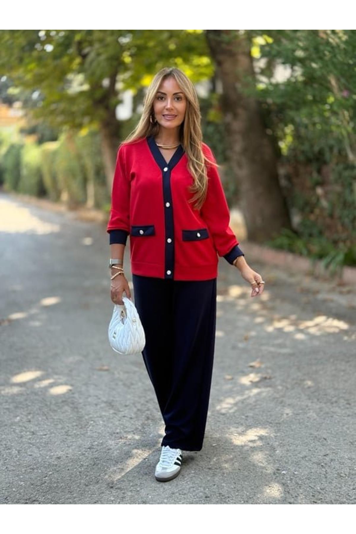 Kadın Uzun Kollu Ribanali Cep Detay Hırka Ve Bol Paça Pantolon Ikili Takım