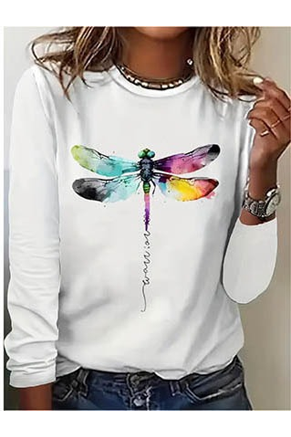 Kadın Uzun Kollu Bisiklet Yaka Baskılı Viskon Bluz