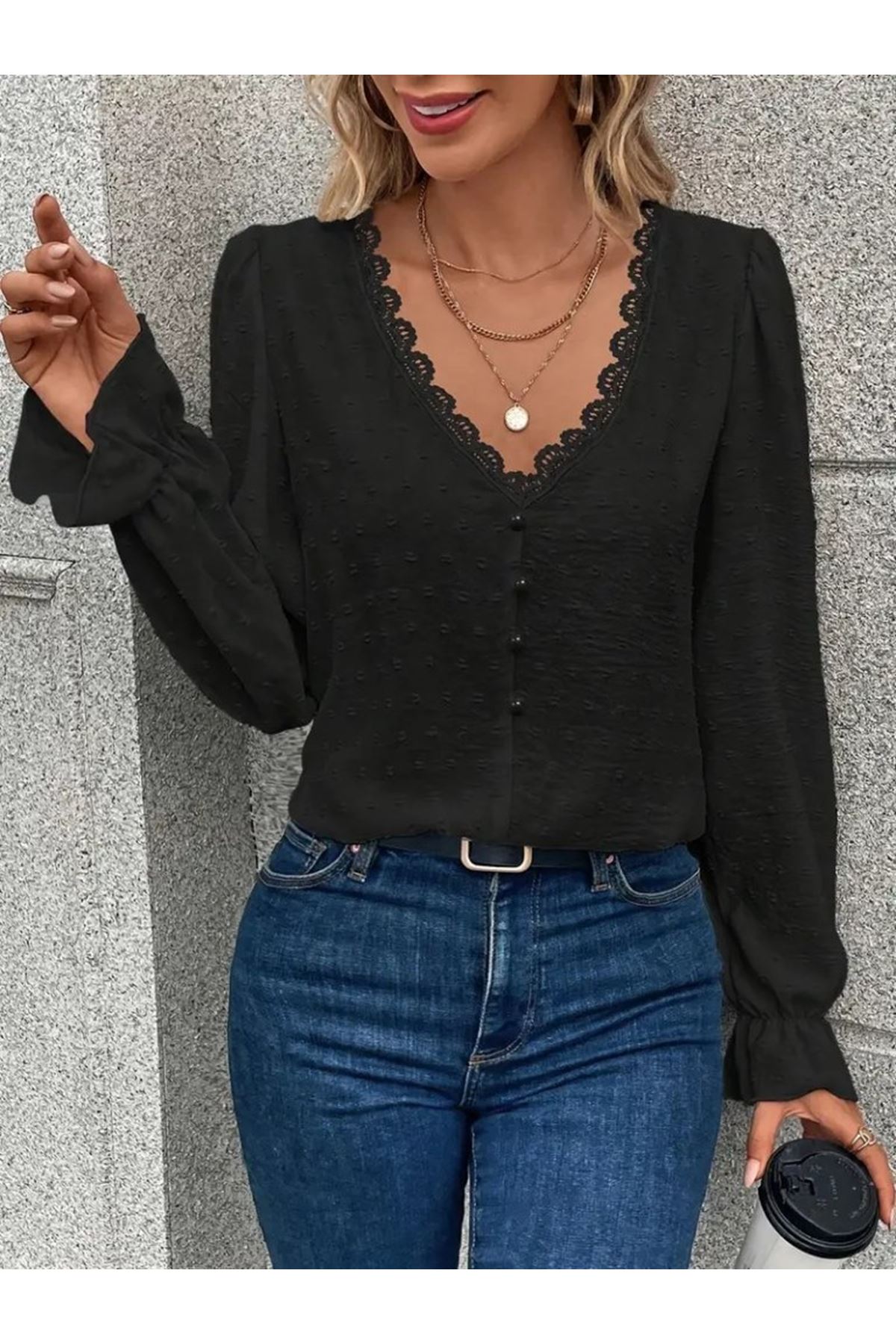 Kadın Uzun Kollu V Yakalı önden Düğmeli Bluz