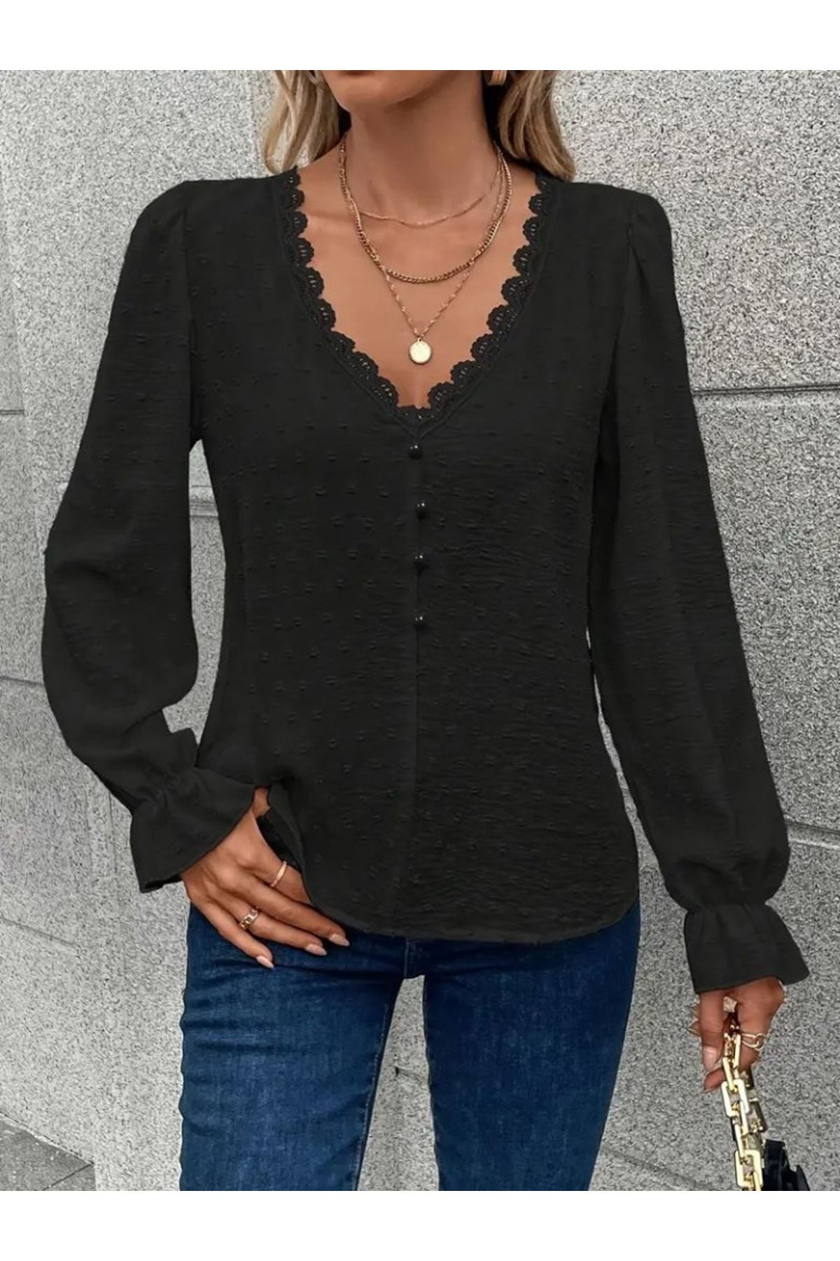 Kadın Uzun Kollu V Yakalı önden Düğmeli Bluz