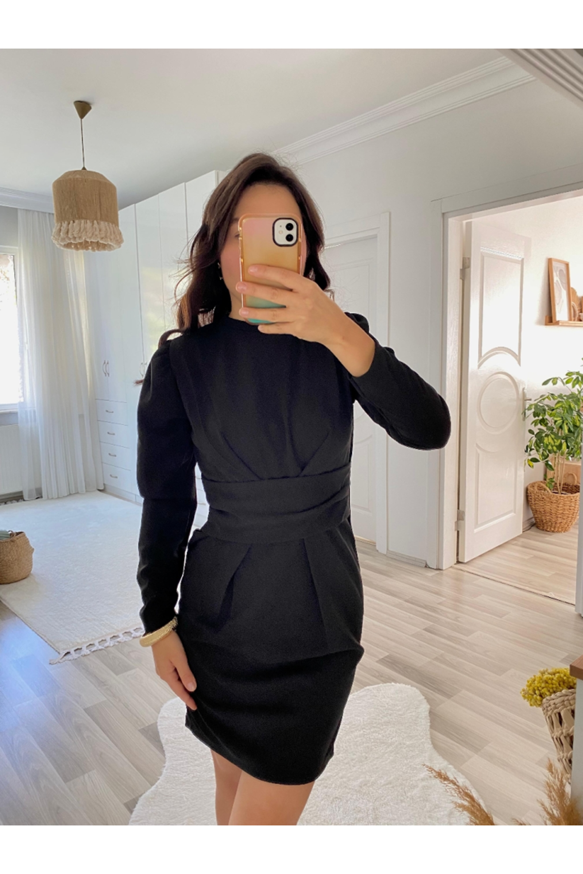 Kadın Uzun Kollu Bisiklet Yaka Bel Kemer Detay Ithal Krep Elbise