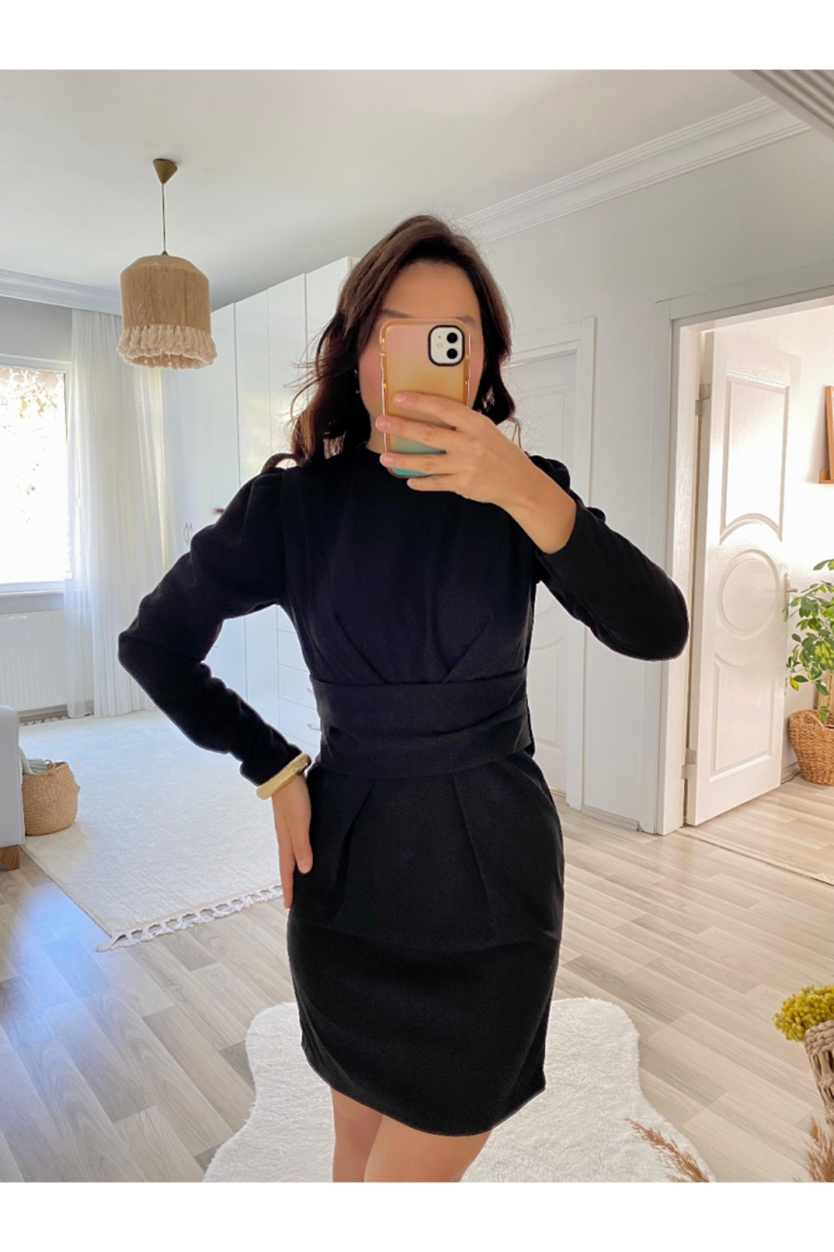 Kadın Uzun Kollu Bisiklet Yaka Bel Kemer Detay Ithal Krep Elbise