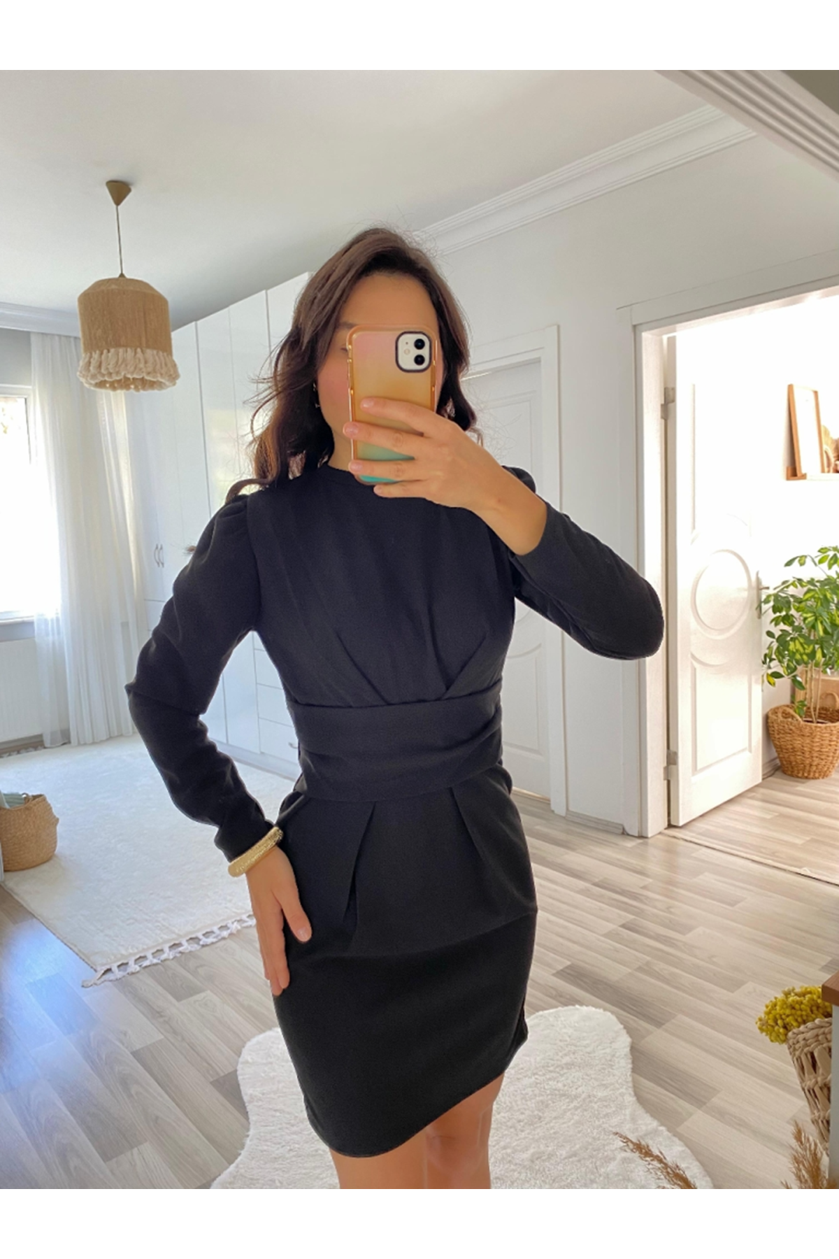 Kadın Uzun Kollu Bisiklet Yaka Bel Kemer Detay Ithal Krep Elbise