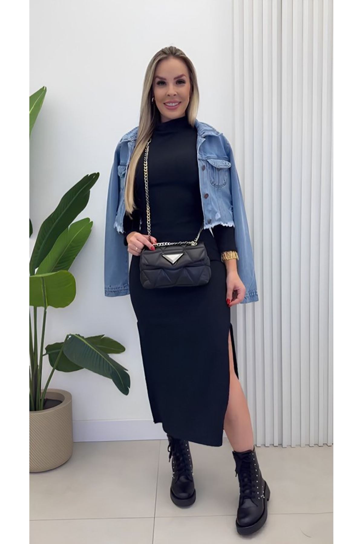 Kadın Uzun Kollu Balıkçı Yakalı Yanlardan Yırtmaçlı Kaşkorse Maxi Elbise