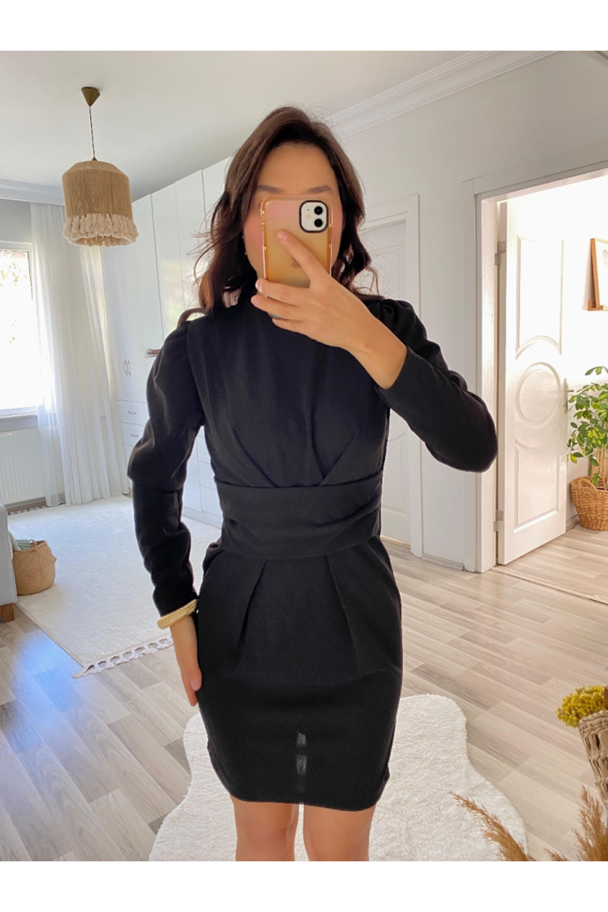 Kadın Uzun Kollu Bisiklet Yaka Bel Kemer Detay Ithal Krep Elbise