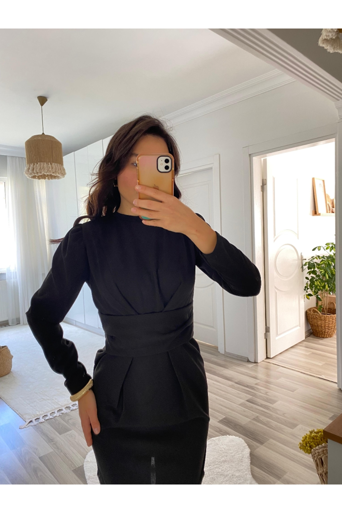 Kadın Uzun Kollu Bisiklet Yaka Bel Kemer Detay Ithal Krep Elbise