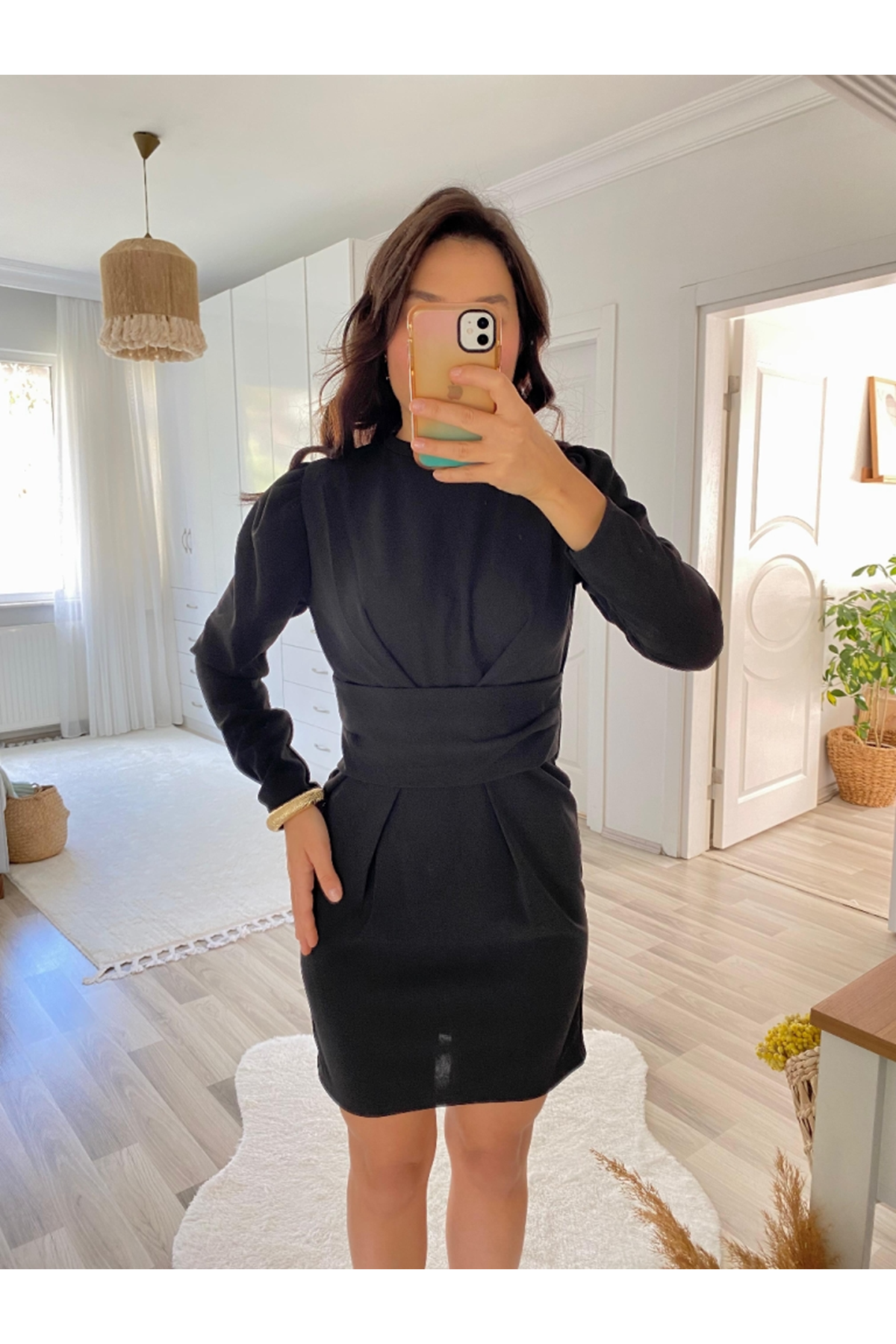 Kadın Uzun Kollu Bisiklet Yaka Bel Kemer Detay Ithal Krep Elbise