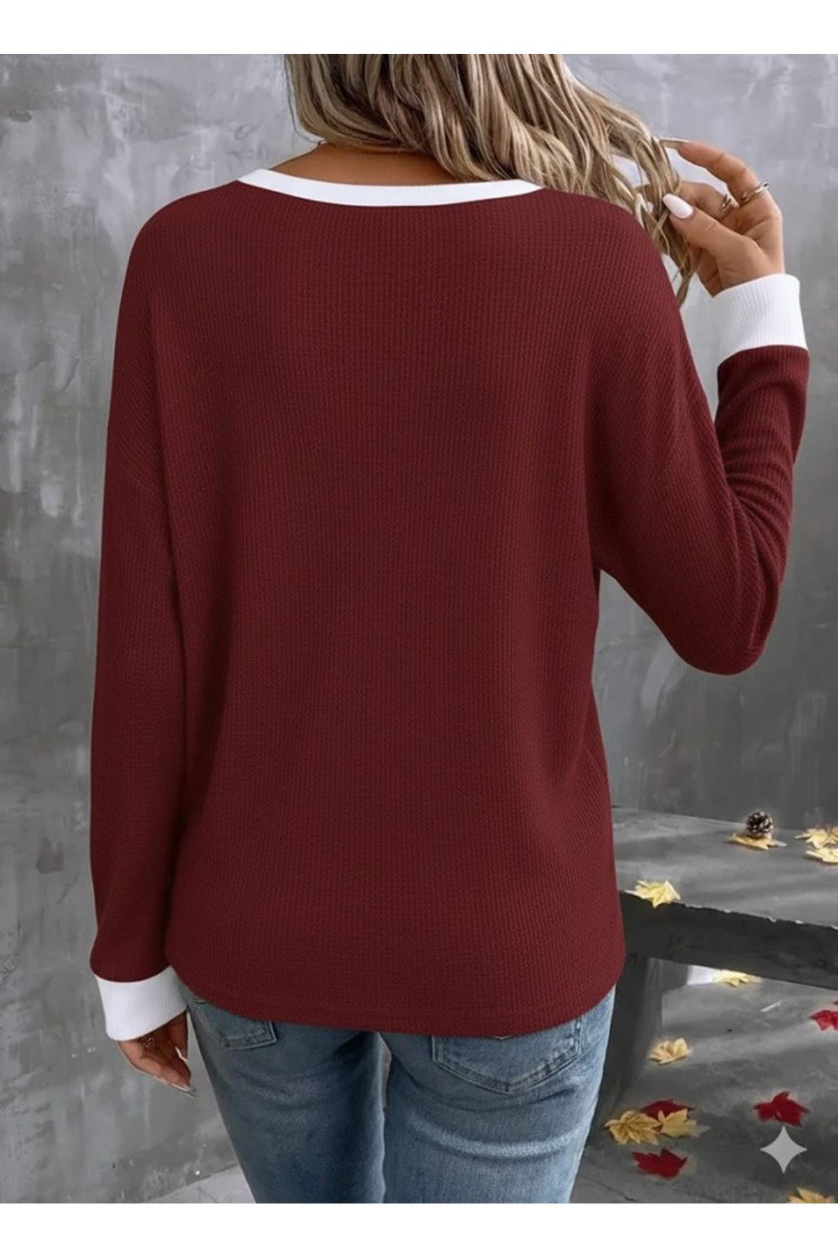 Kadın Uzun Kollu V Yakalı Waffle Bluz