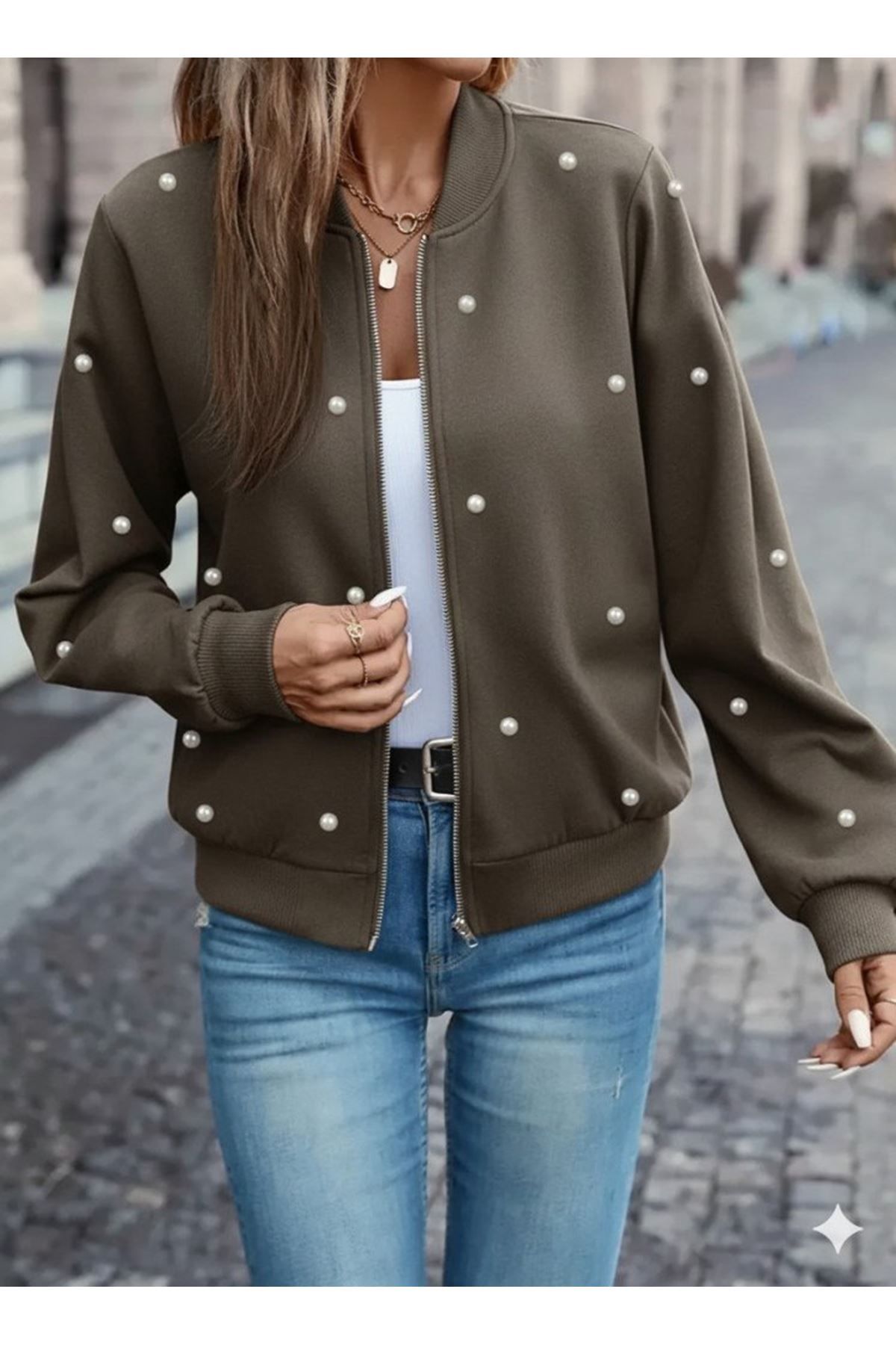 Kadın Uzun Kollu önden Fermuarlı Incili Kısa Modal Ceket