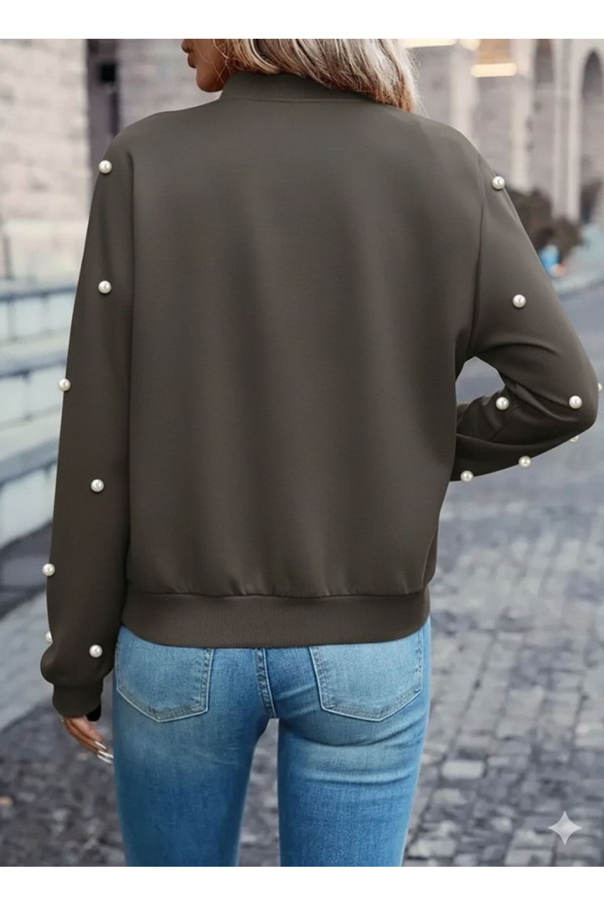 Kadın Uzun Kollu önden Fermuarlı Incili Kısa Modal Ceket