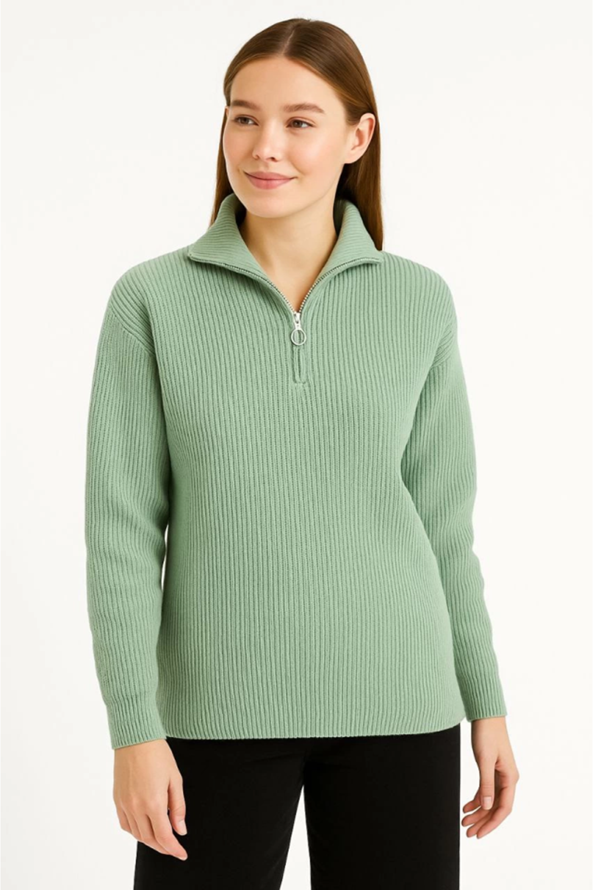 KADIN Yarım Fermuarlı Triko Kazak – Selanik Örgü, Dik Yaka, Pamuklu Dokuma, Oversize Uzun Kollu Kışlık Model - Mint Yeşili