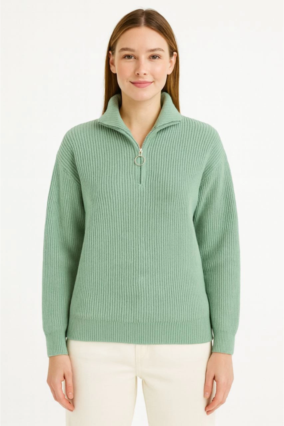 KADIN Yarım Fermuarlı Triko Kazak – Selanik Örgü, Dik Yaka, Pamuklu Dokuma, Oversize Uzun Kollu Kışlık Model - Mint Yeşili