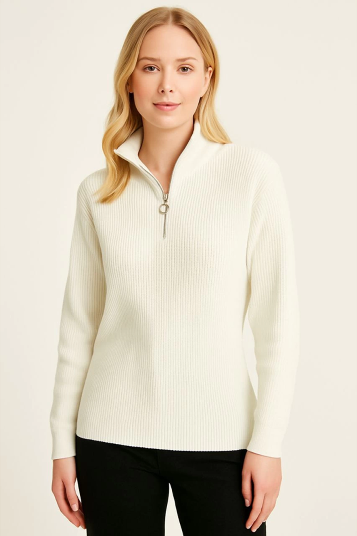 KADIN Yarım Fermuarlı Triko Kazak – Selanik Örgü, Dik Yaka, Pamuklu Dokuma, Oversize Uzun Kollu Kışlık Model - Beyaz