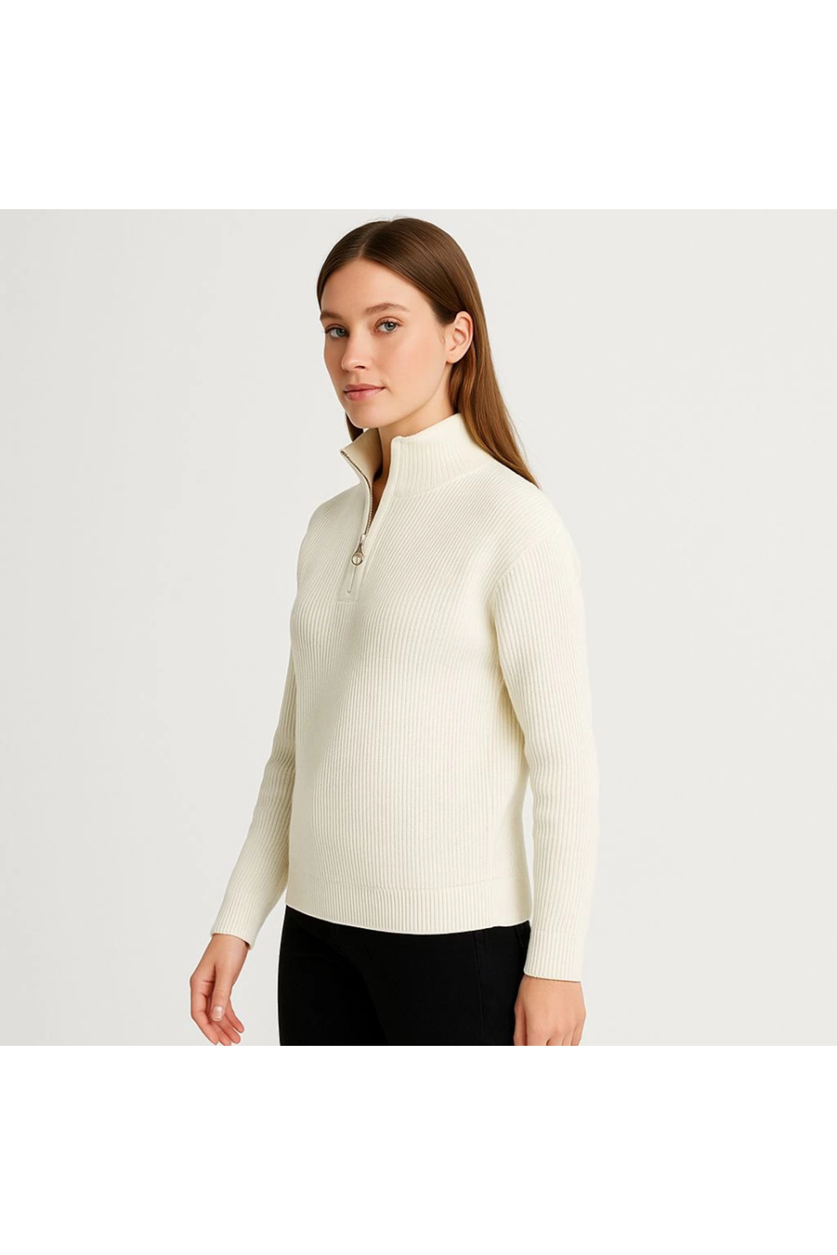 KADIN Yarım Fermuarlı Triko Kazak – Selanik Örgü, Dik Yaka, Pamuklu Dokuma, Oversize Uzun Kollu Kışlık Model - Beyaz