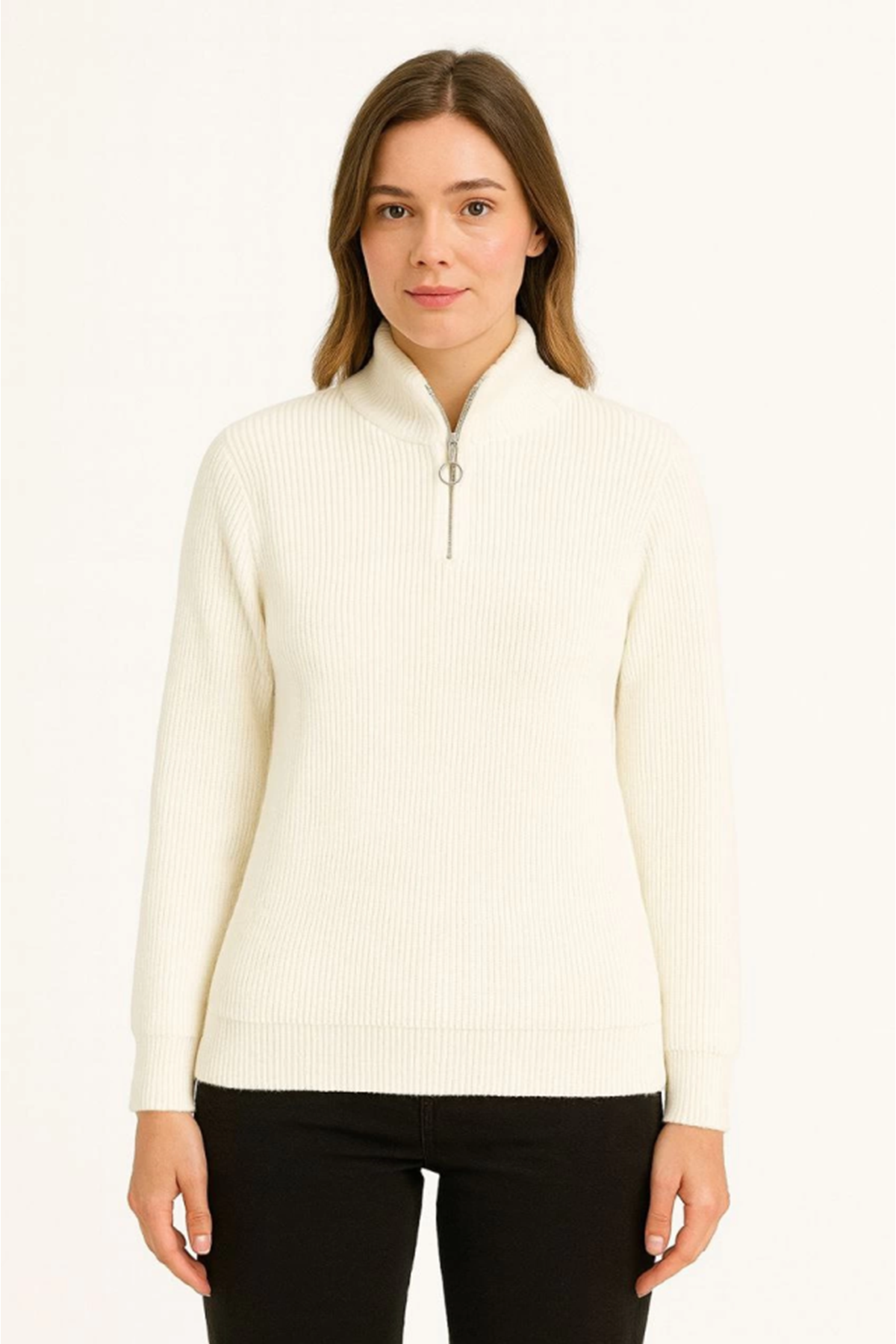 KADIN Yarım Fermuarlı Triko Kazak – Selanik Örgü, Dik Yaka, Pamuklu Dokuma, Oversize Uzun Kollu Kışlık Model - Beyaz