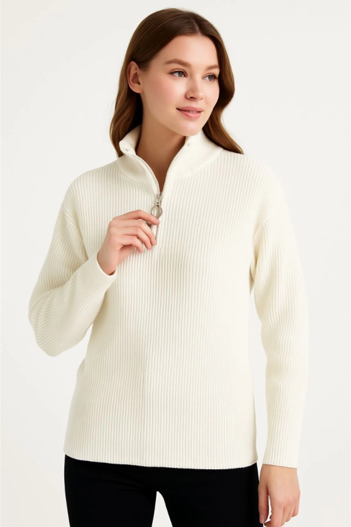 KADIN Yarım Fermuarlı Triko Kazak – Selanik Örgü, Dik Yaka, Pamuklu Dokuma, Oversize Uzun Kollu Kışlık Model - Beyaz