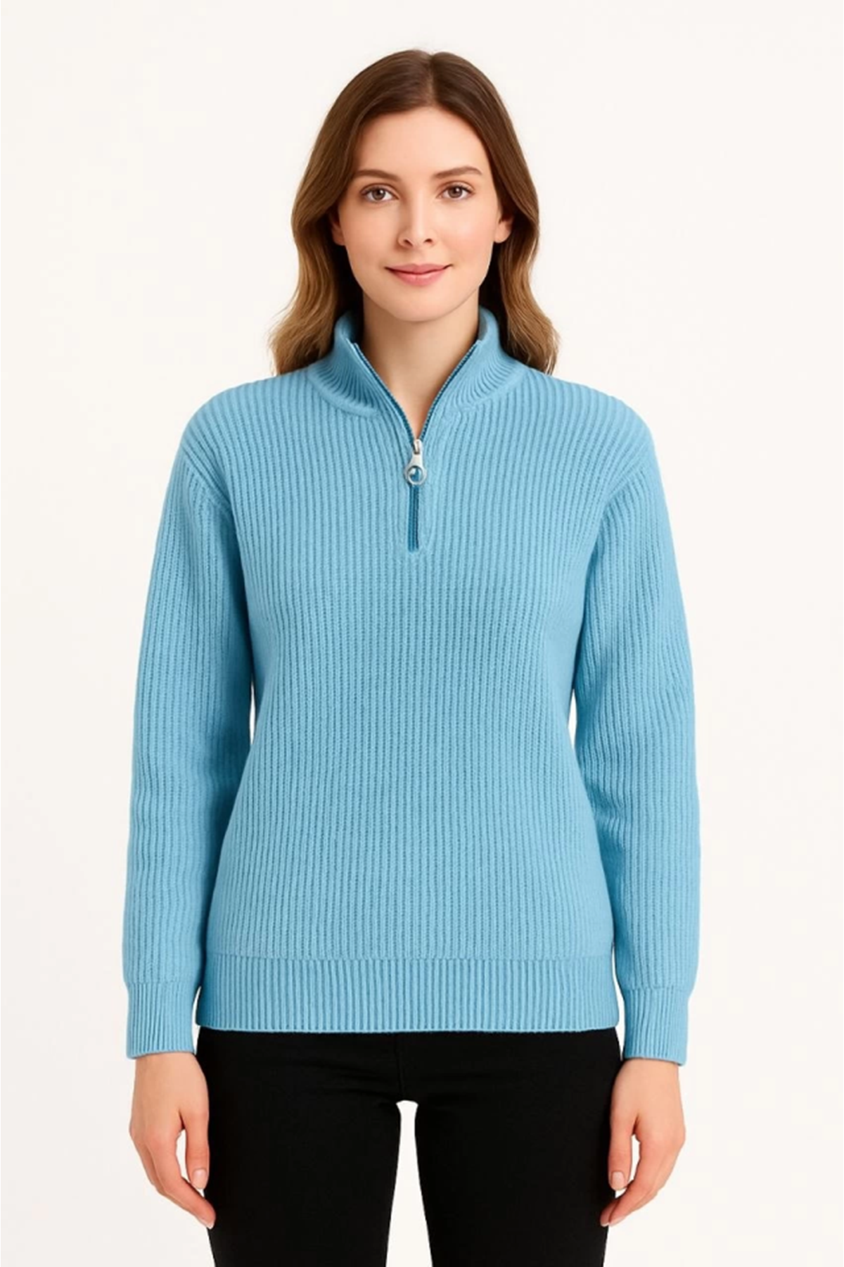 KADIN Yarım Fermuarlı Triko Kazak – Selanik Örgü, Dik Yaka, Pamuklu Dokuma, Oversize Uzun Kollu Kışlık Model - Bebe Mavisi
