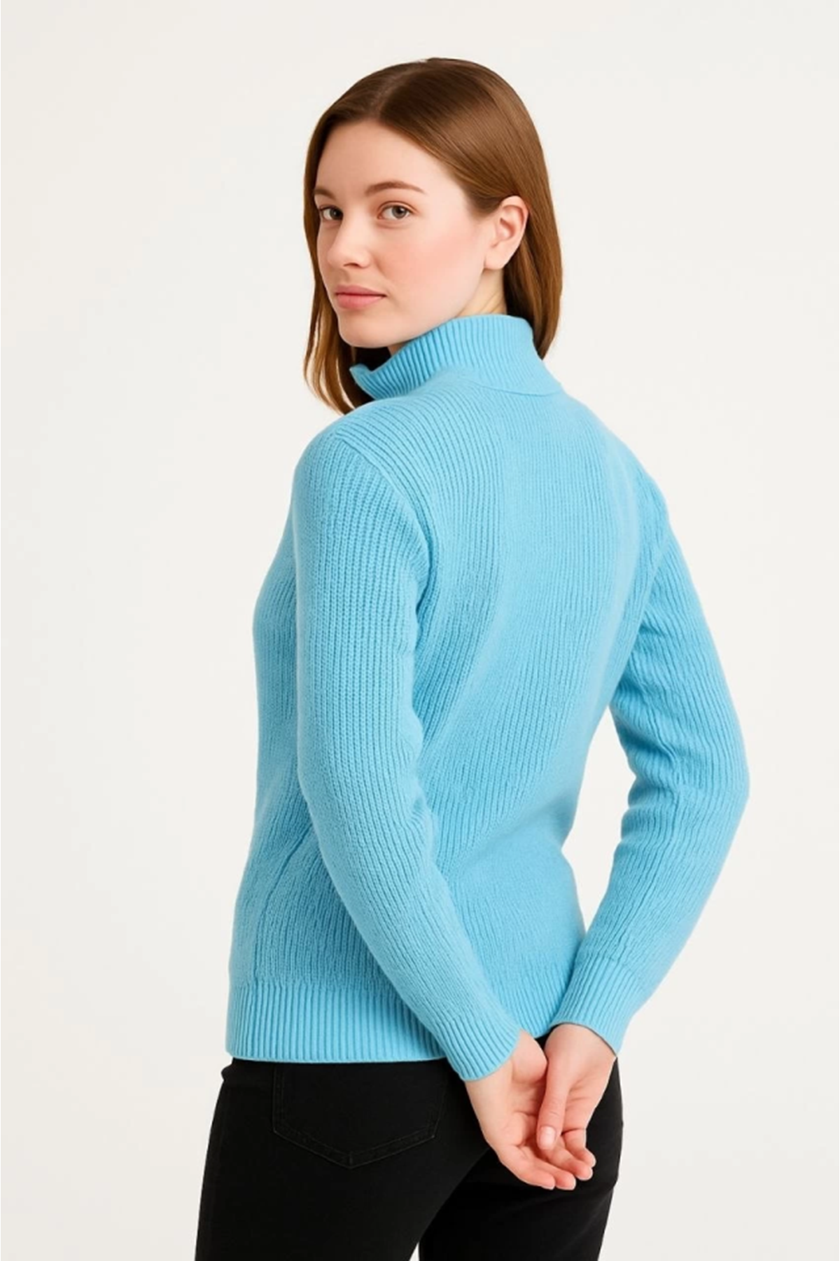 KADIN Yarım Fermuarlı Triko Kazak – Selanik Örgü, Dik Yaka, Pamuklu Dokuma, Oversize Uzun Kollu Kışlık Model - Bebe Mavisi