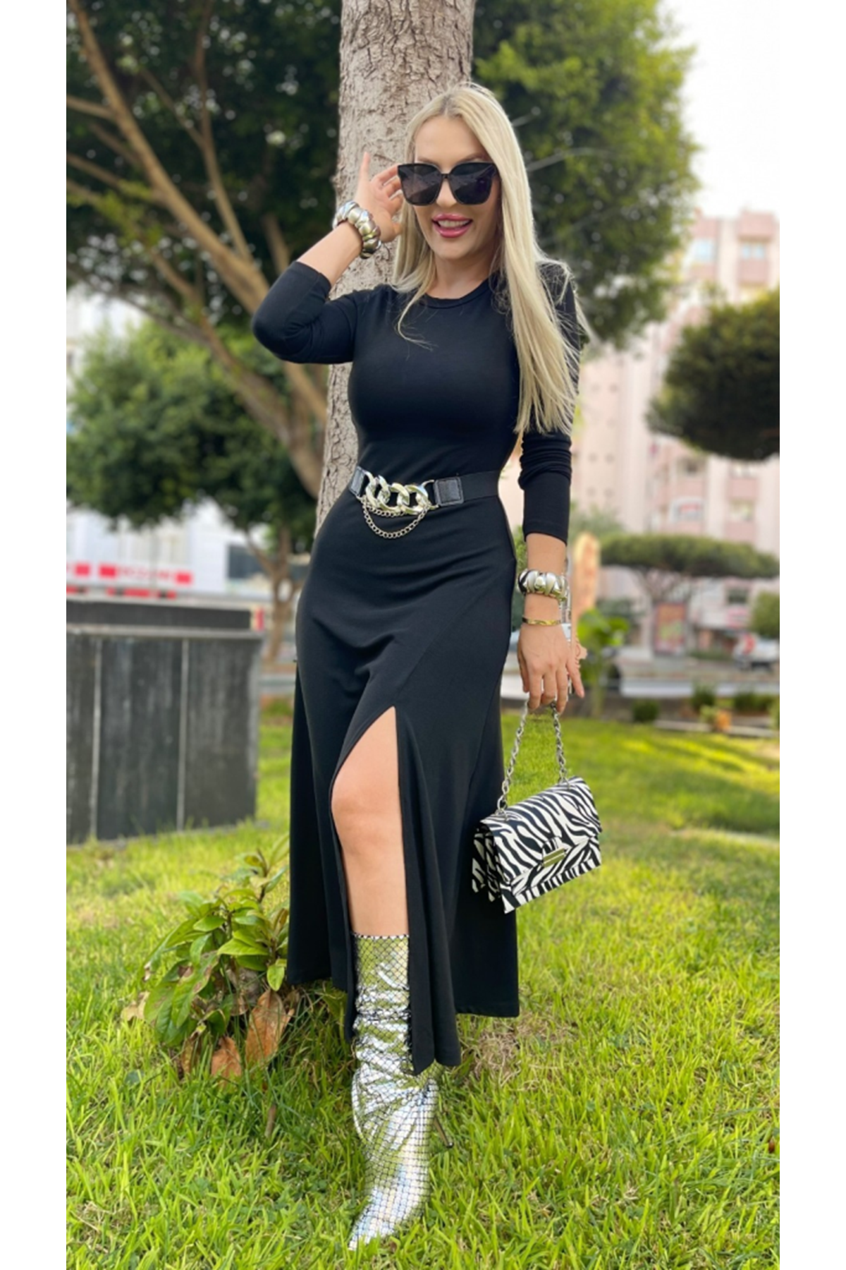 Kadın Uzun Kollu Bisiklet Yaka Yırtmaçlı Kemerli Uzun çilek Elbise