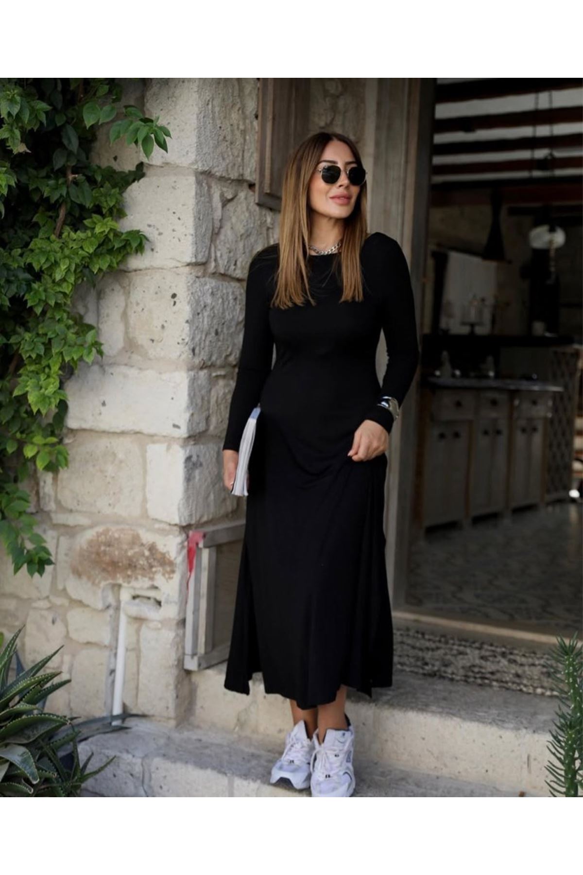 Kadın Uzun Kollu Bisiklet Yaka Arkası çapraz Detaylı Viskon Iki Iplik Maxi Elbise