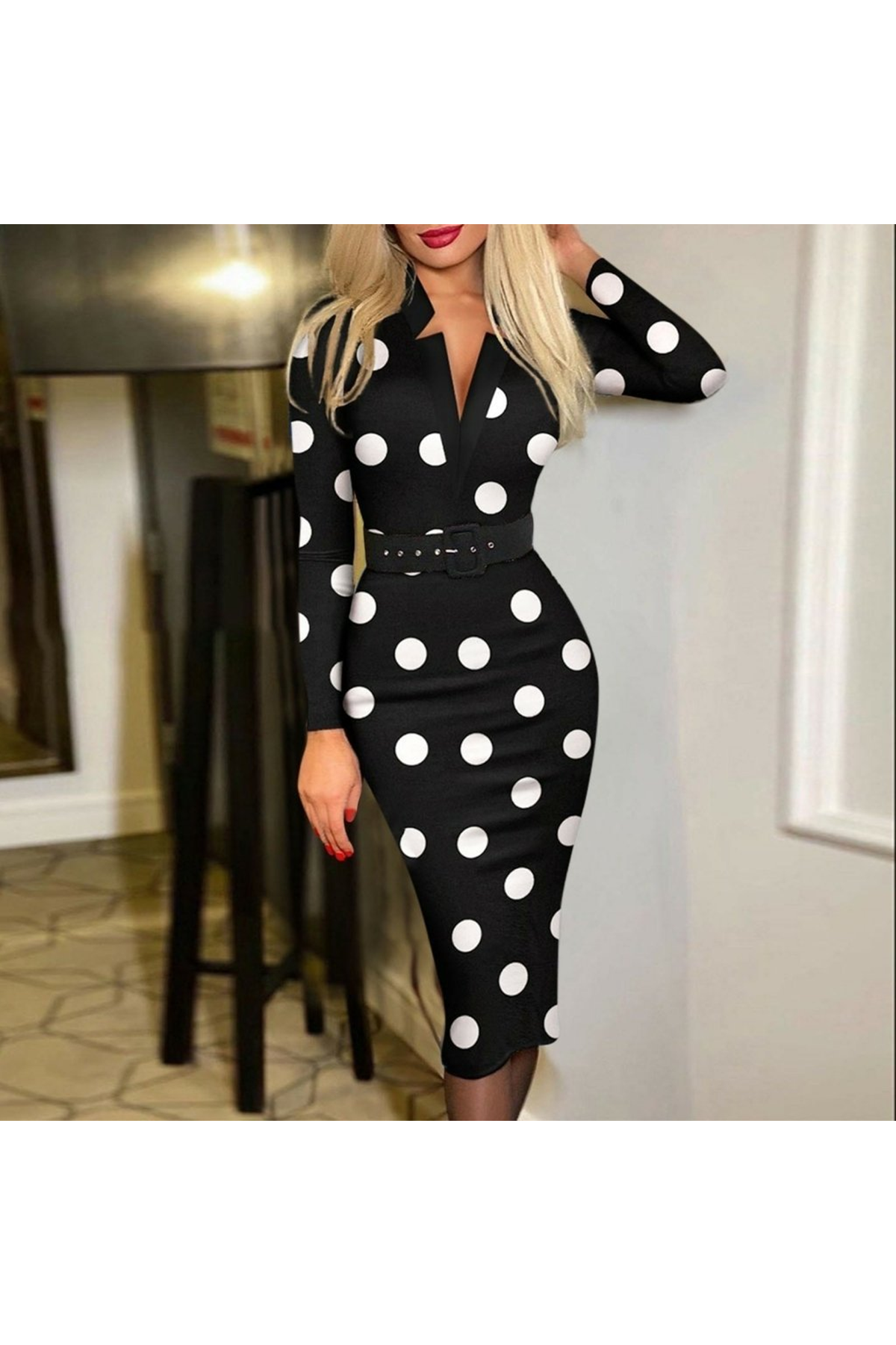 Kadın Uzun Kollu V Yaka Puantiyeli Krep Midi Boy Elbise