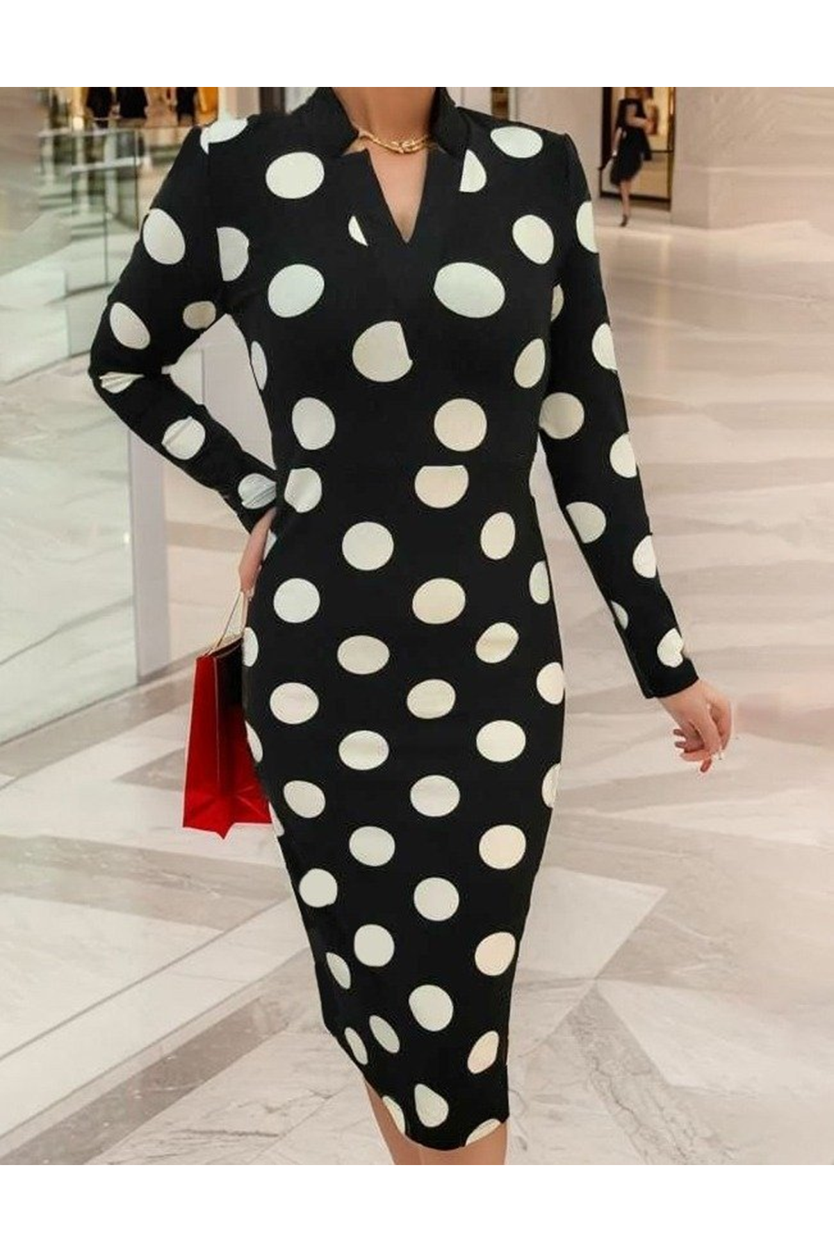 Kadın Uzun Kollu V Yaka Puantiyeli Krep Midi Boy Elbise