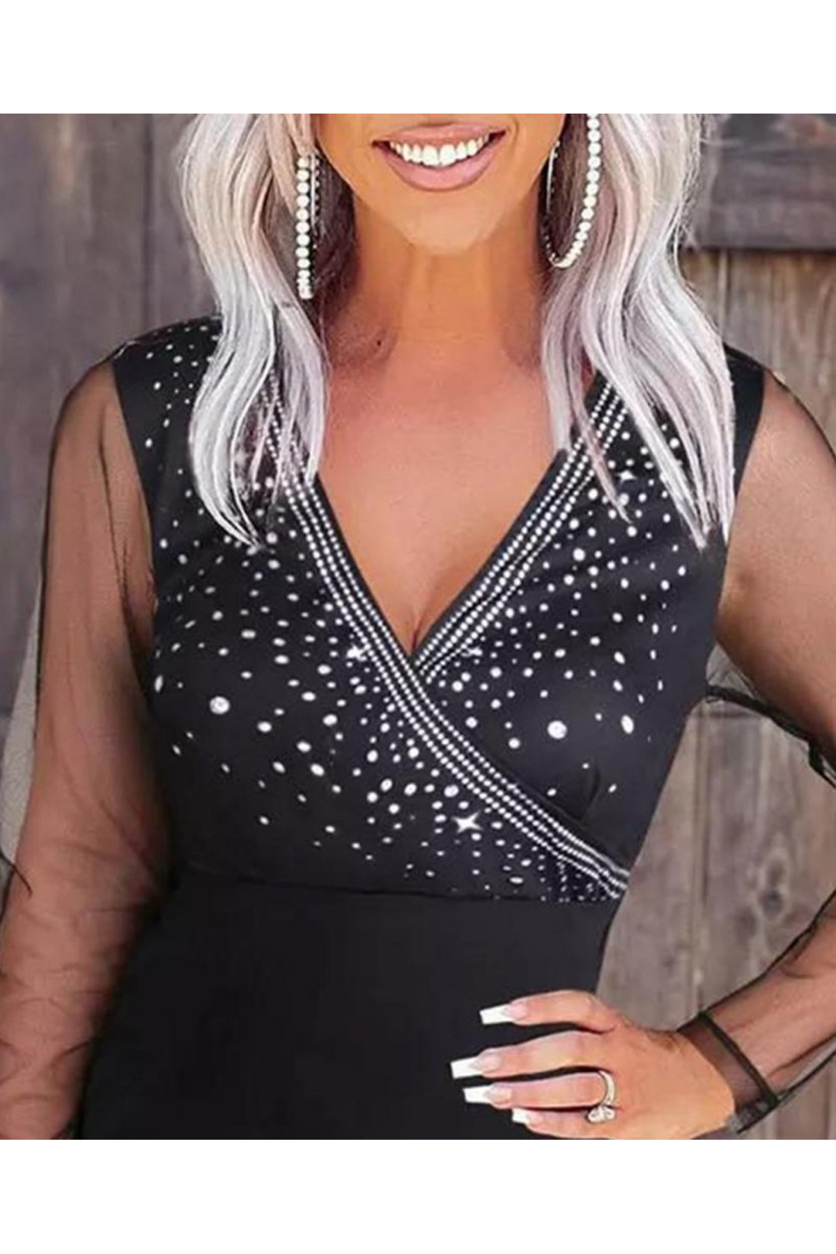 Kadın Uzun Kollu Kruvaze Yaka üst Kısım Taşlı Detay Krep Mini Boy Elbise