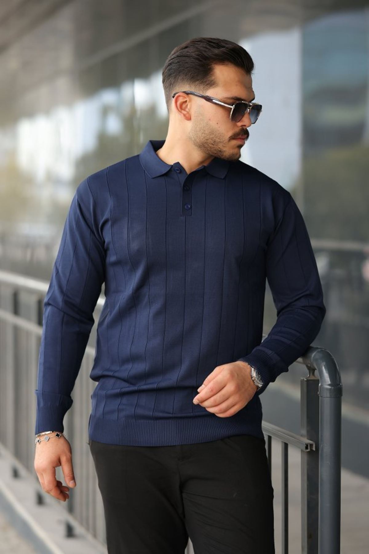 Erkek Düğmeli Yaka çizgi Dokulu Uzun Kollu Triko