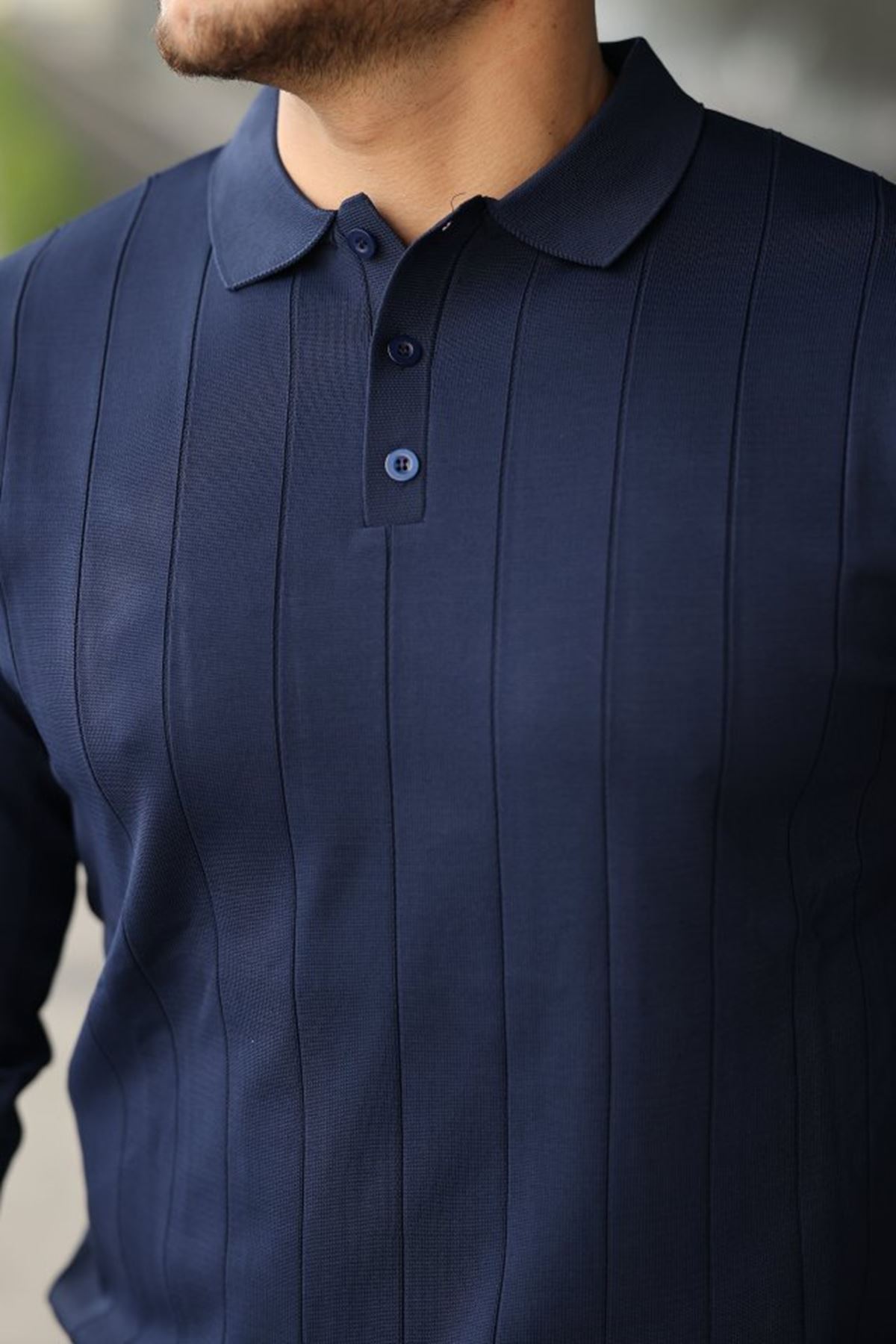 Erkek Düğmeli Yaka çizgi Dokulu Uzun Kollu Triko