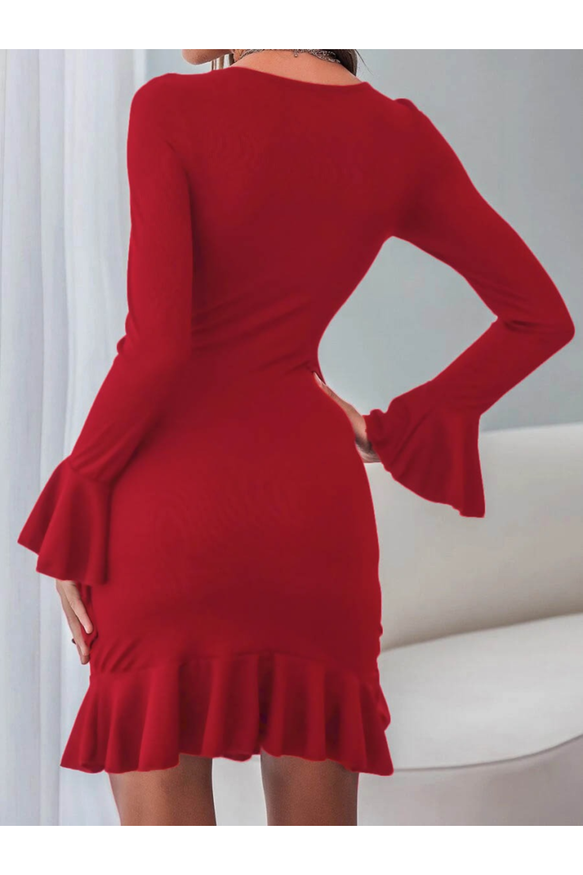 Kadın Uzun Kollu Yuvarlak Yaka Etek Ucu Fırfırlı Janjan Krep Elbise