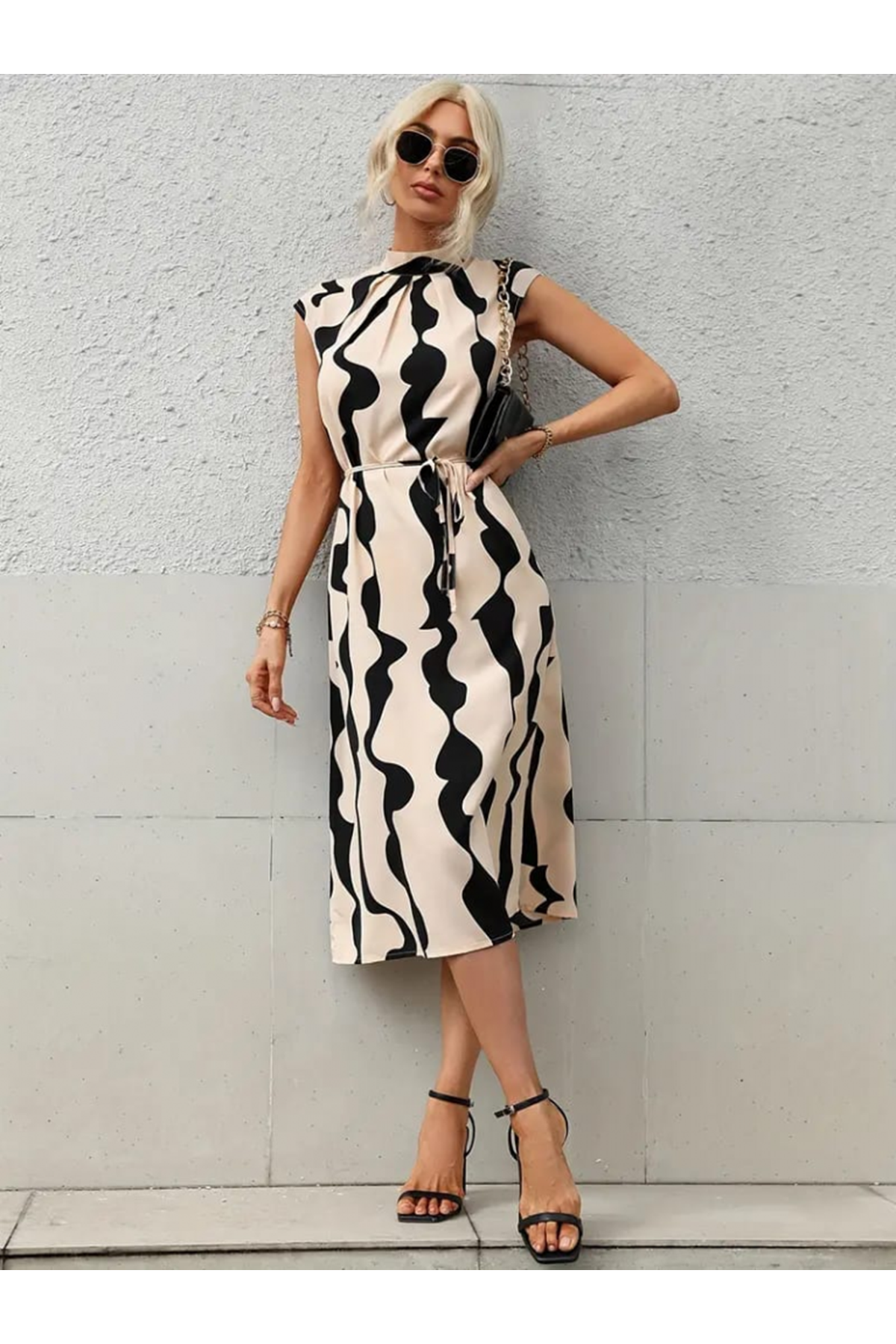 Kadın Balıkçı Yaka Arkadan Bağlamalı Kuşaklı Midi Boy Jessica Elbise