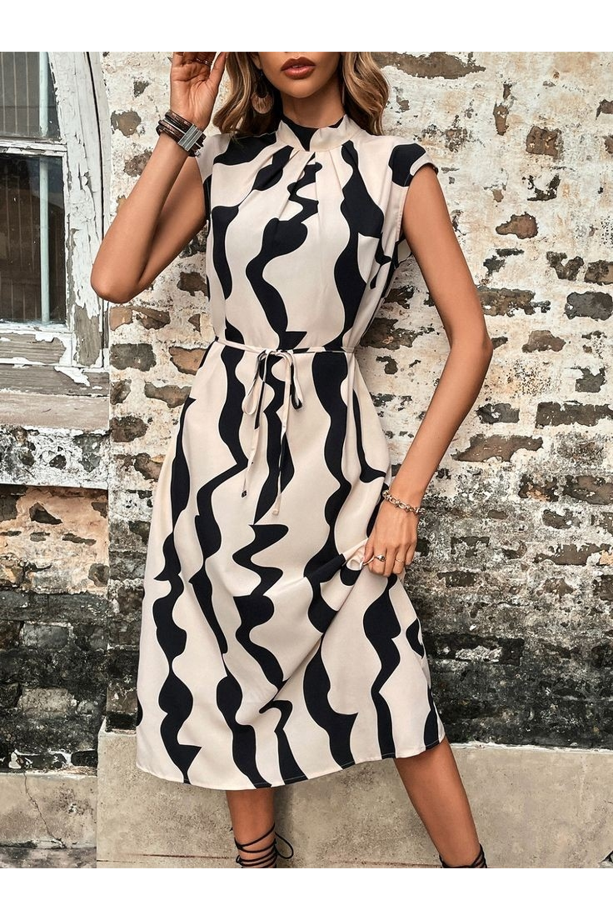 Kadın Balıkçı Yaka Arkadan Bağlamalı Kuşaklı Midi Boy Jessica Elbise
