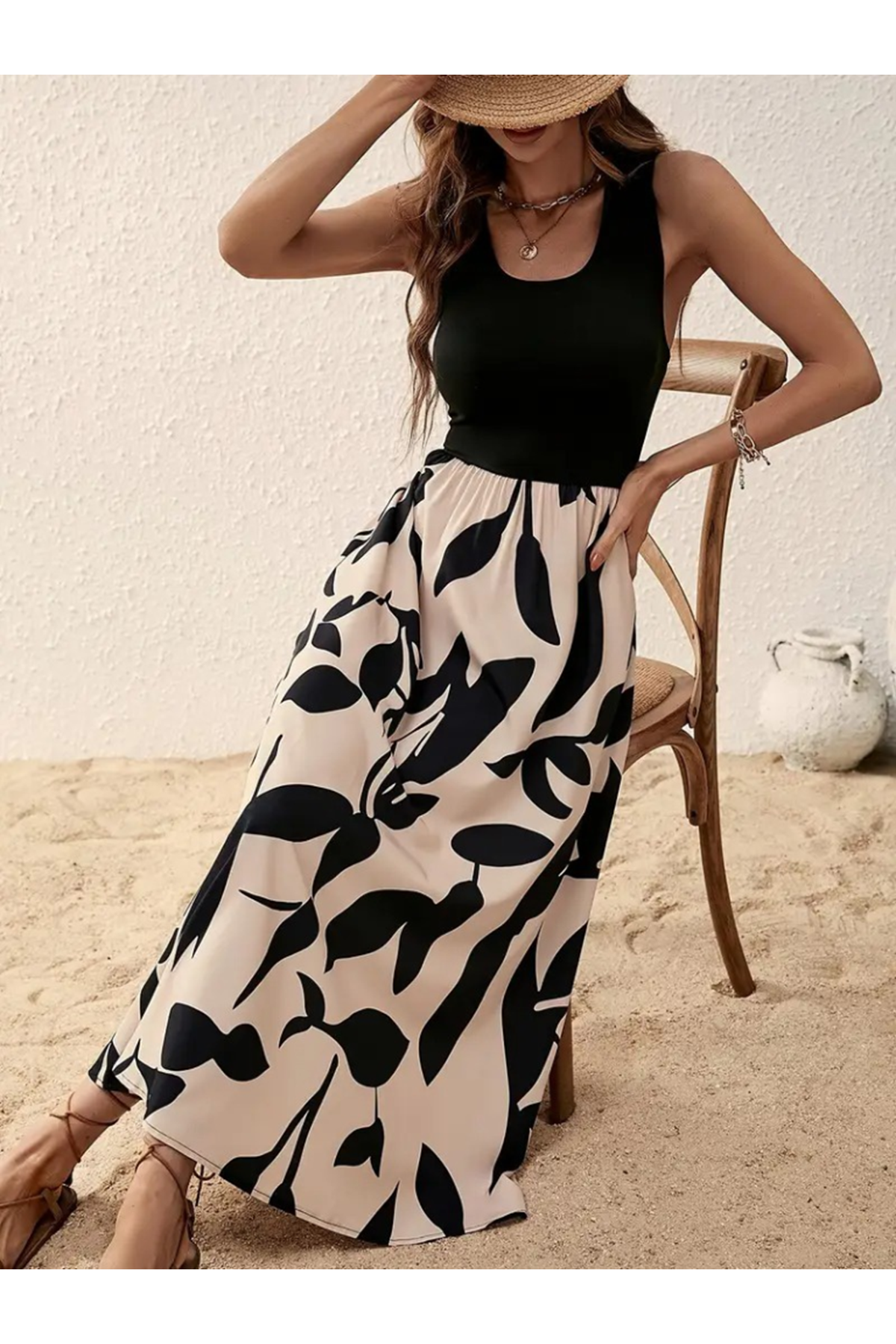 Kadın Askılı Yuvarlak Yaka üst Viskon Alt Desenli Uzun Süprem Elbise