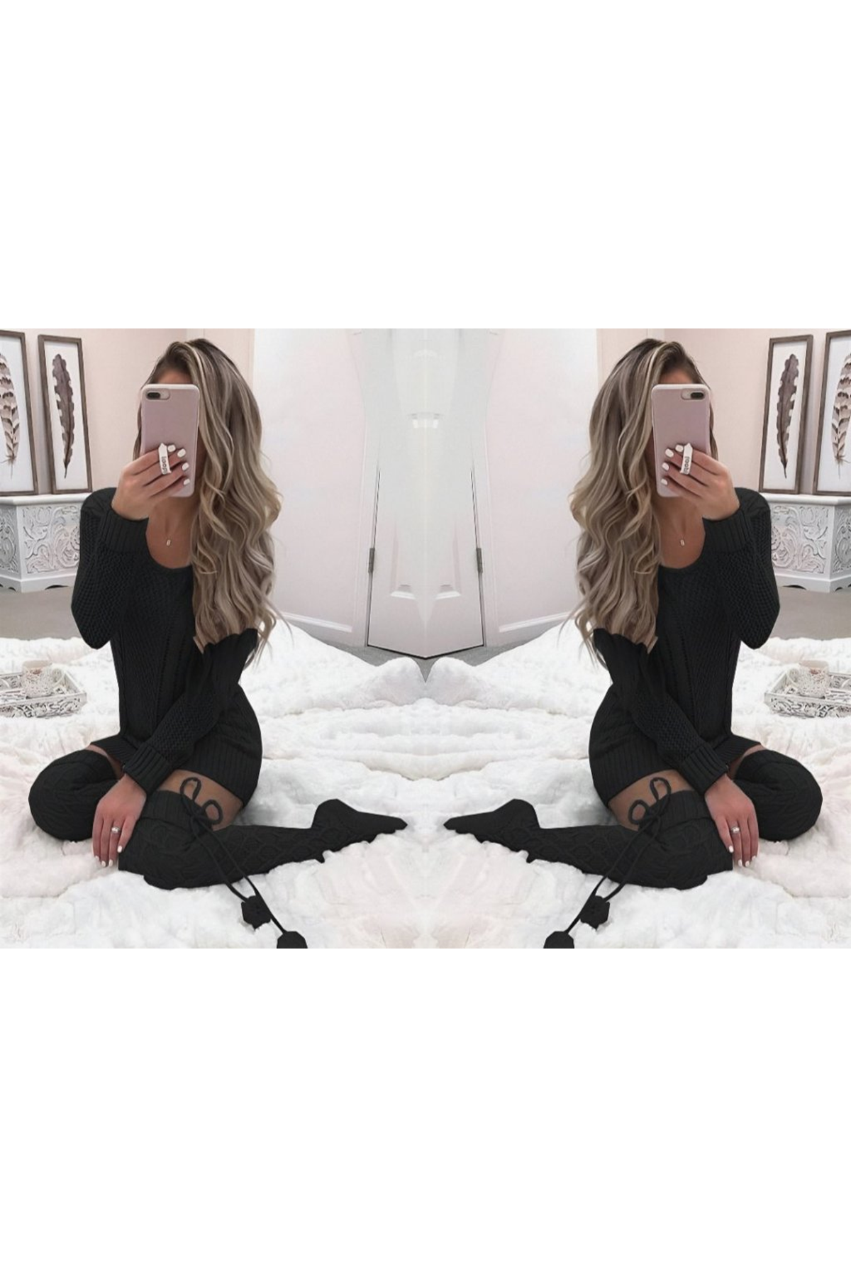 Kadın Uzun Kollu Bisiklet Yaka Triko Elbise (çorapsız)