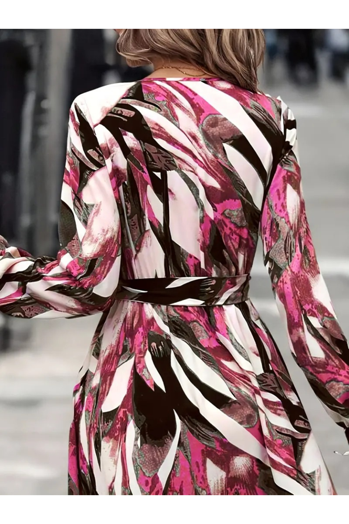 Kadın Uzun Kollu Kruvaze Yaka Belden Kuşaklı Desenli Süprem Elbise