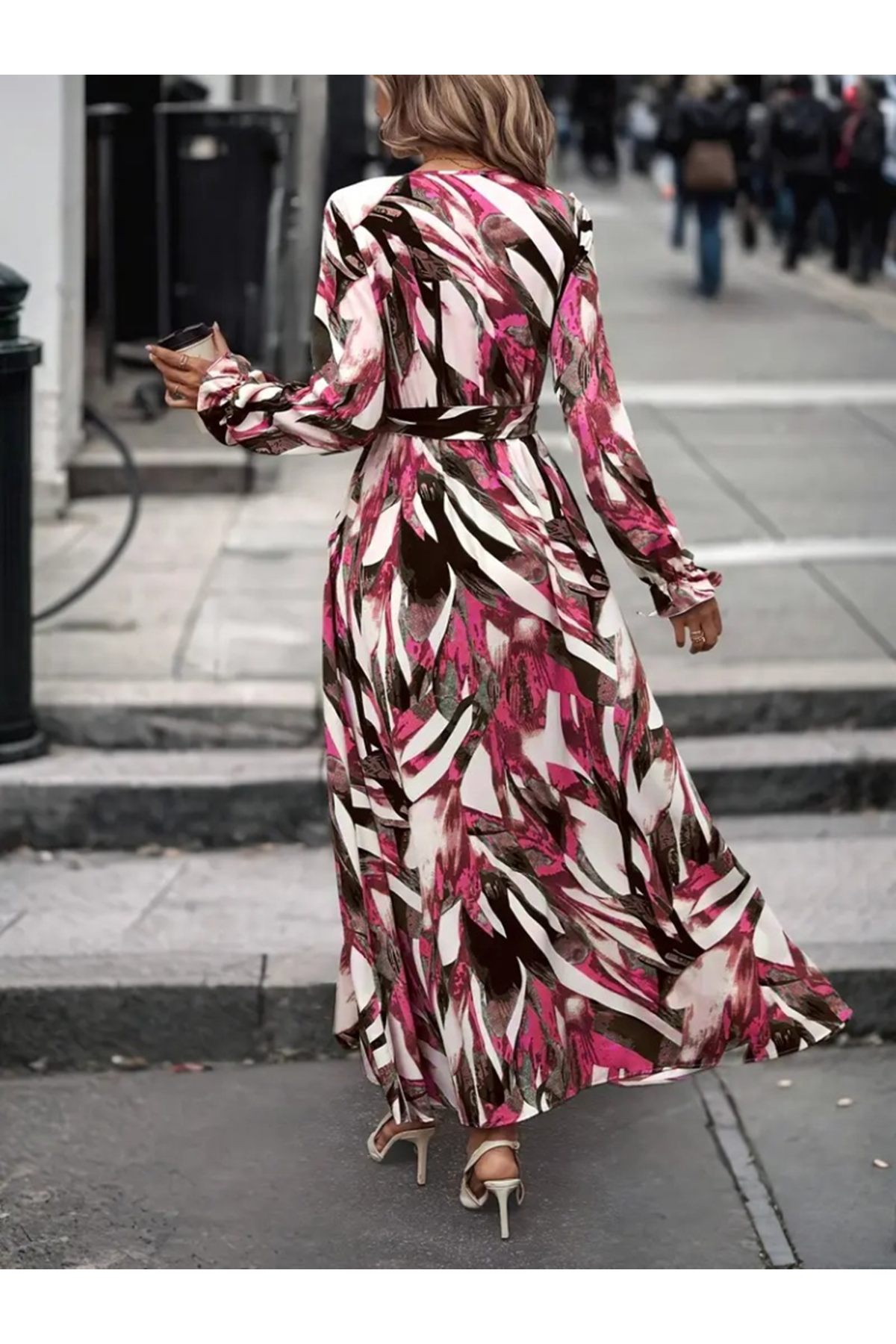 Kadın Uzun Kollu Kruvaze Yaka Belden Kuşaklı Desenli Süprem Elbise