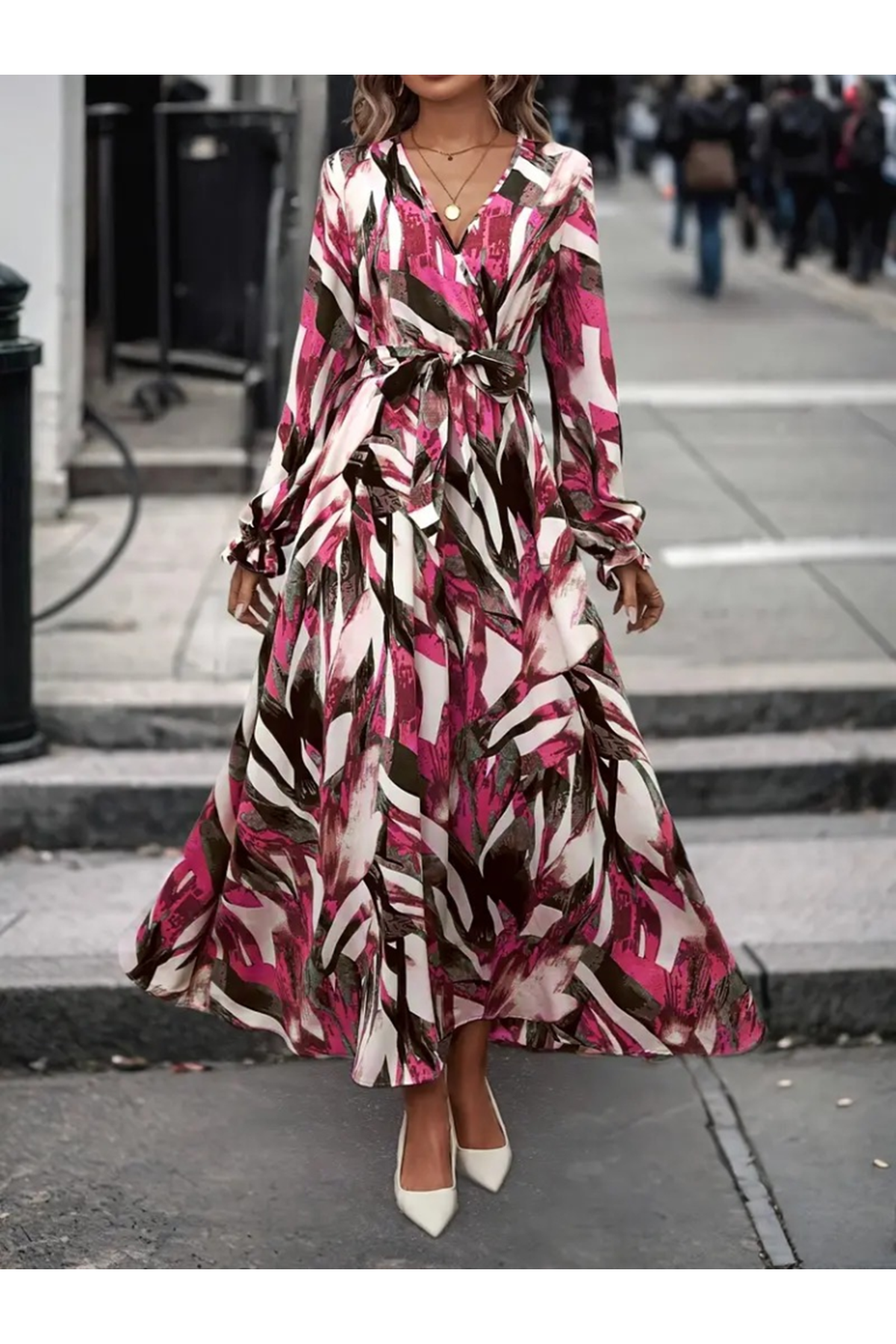 Kadın Uzun Kollu Kruvaze Yaka Belden Kuşaklı Desenli Süprem Elbise