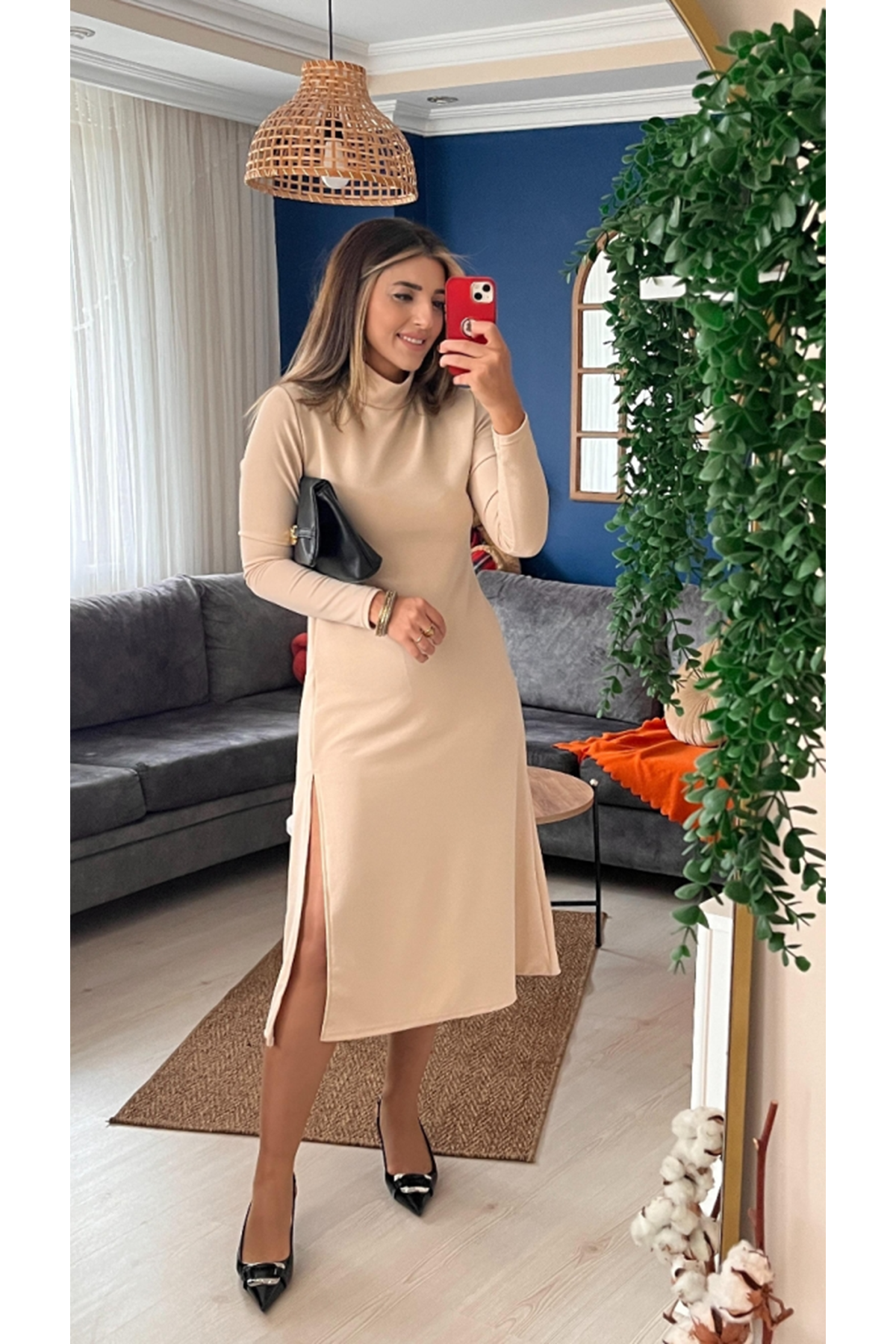 Kadın Uzun Kollu Balıkçı Yaka Derin Yırtmaç Detay Krep Elbise