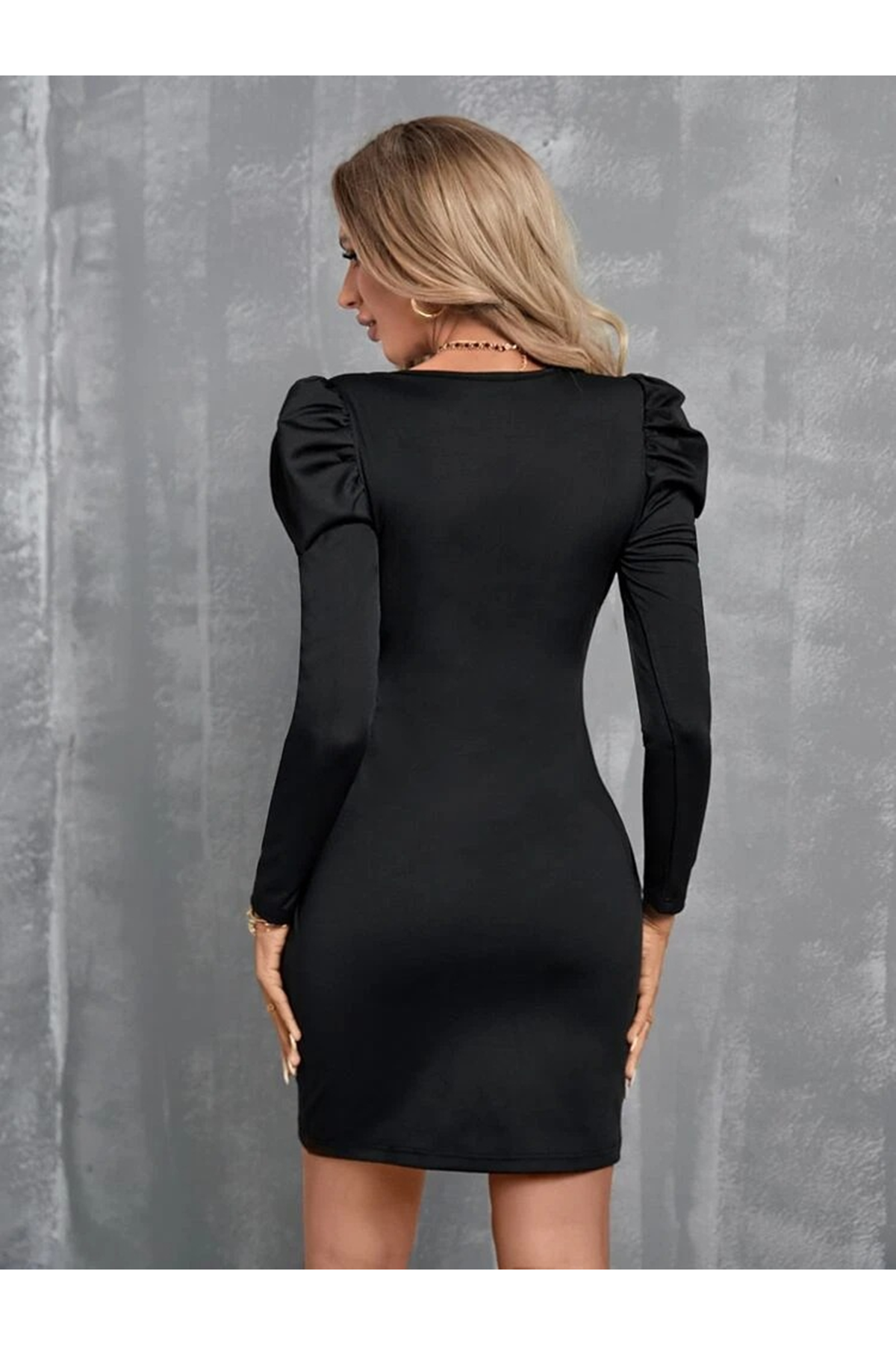 Kadın Uzun Kollu Kruvaze Yaka Kol Detaylı Ithal Krep Mini Elbise