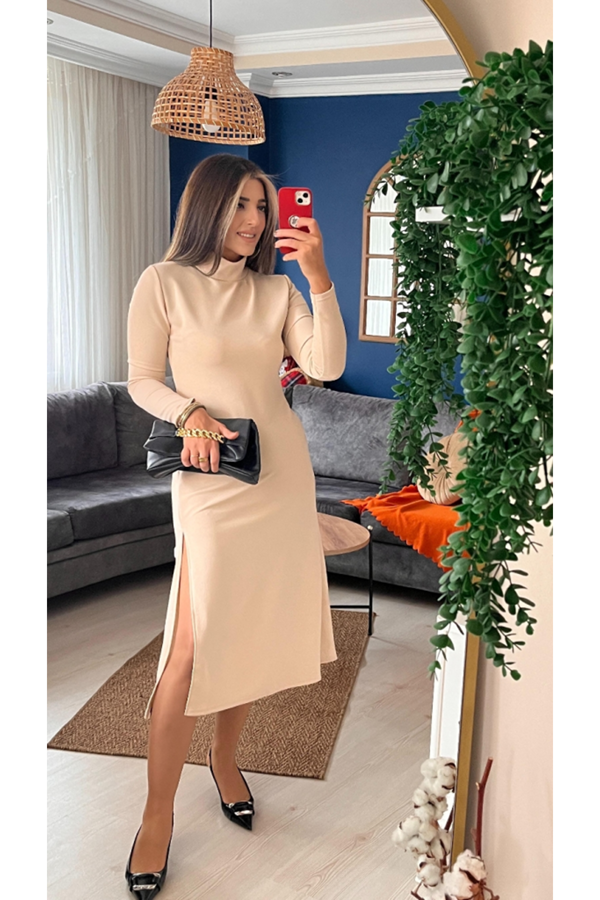 Kadın Uzun Kollu Balıkçı Yaka Derin Yırtmaç Detay Krep Elbise