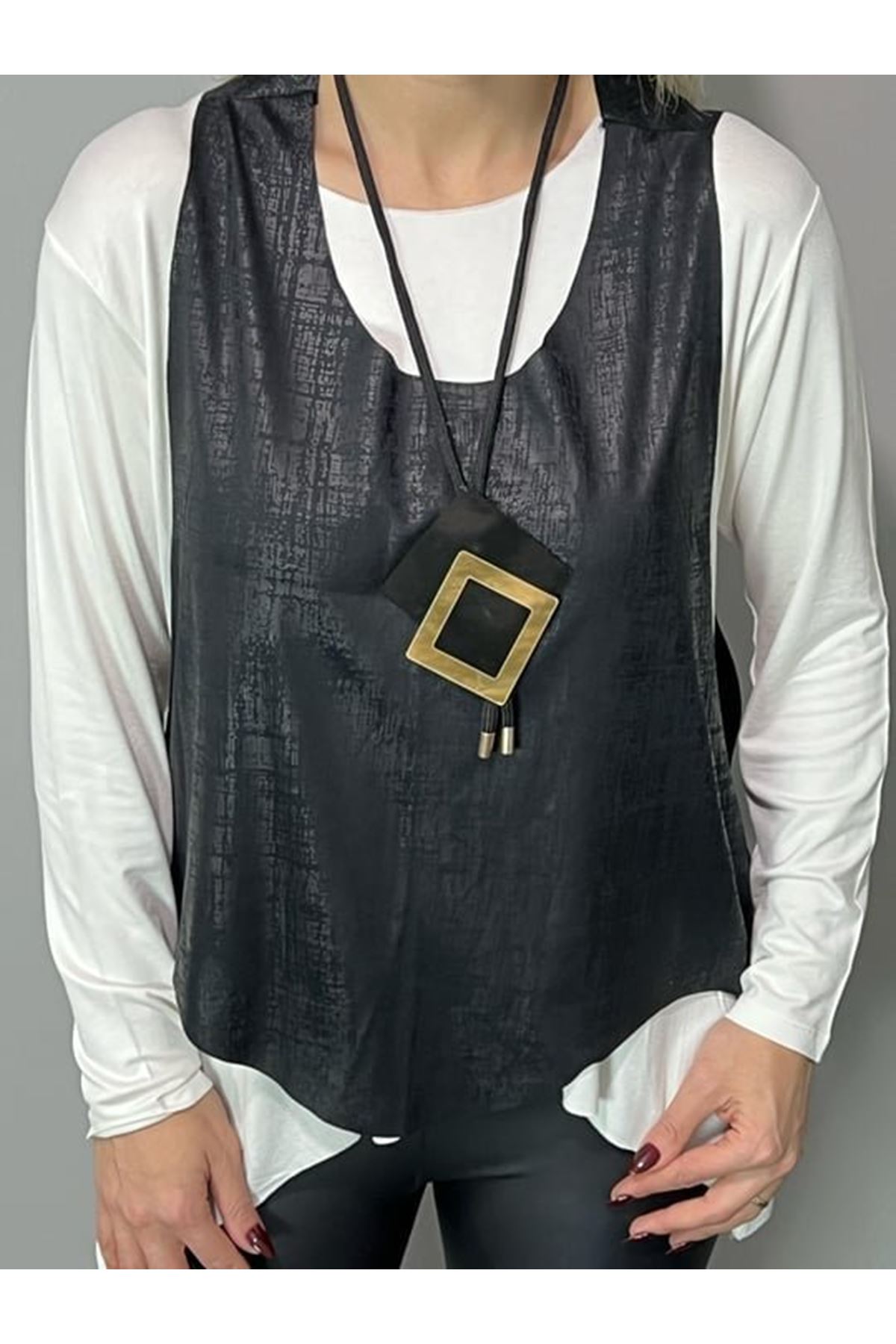 Kadın Siyah Deri Yelekli Kolye Dahil üçlü Takım