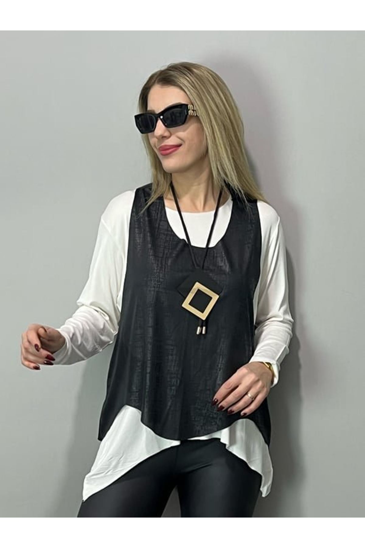 Kadın Siyah Deri Yelekli Kolye Dahil üçlü Takım