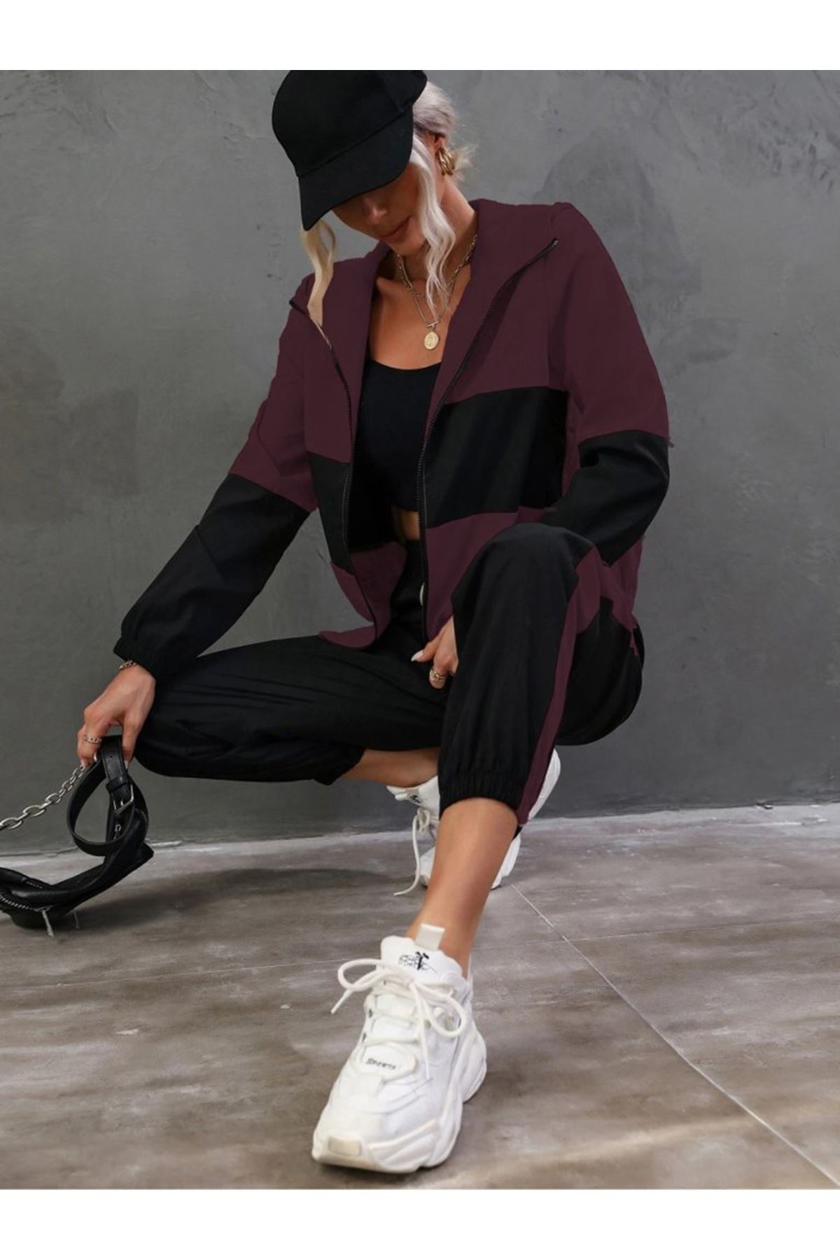 Kadın Uzun Kollu Kapşonlu önden Fermuarlı Viskon Iki Iplik Bluz Ve Pantolon Ikili Takım