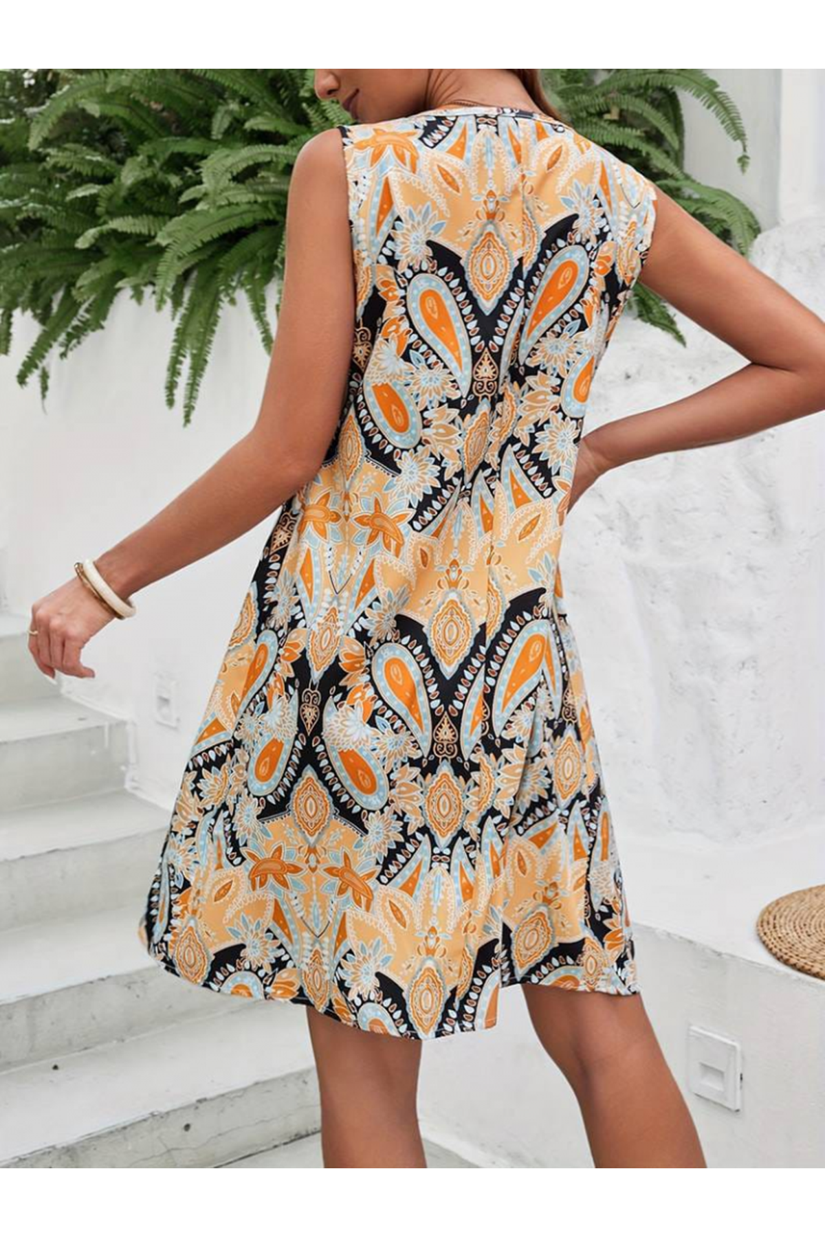 Kadın Sıfır Kol Yuvarlak Yaka çiçek Desenli Süprem Elbise