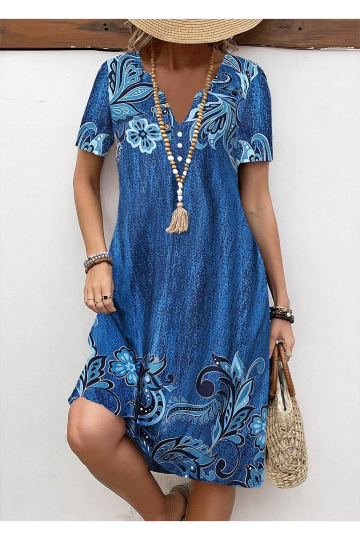Kadın Kısa Kollu V Yakalı çiçek Baskılı Midi Süprem Elbise